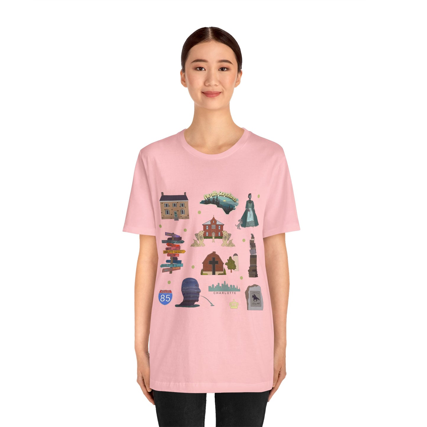 Unisex Jersey Short Sleeve Tee with Charlotte, North Carolina NC landmarks print