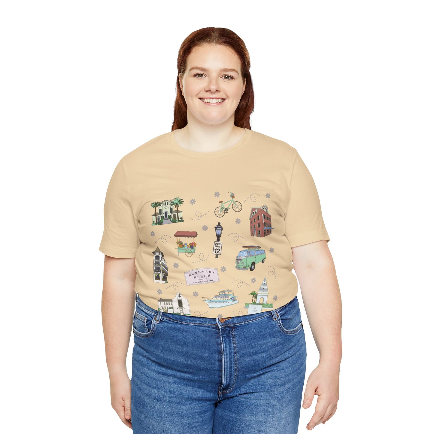 Unisex Jersey Short Sleeve Tee with Rosemary & Alys Beaches of 30A Florida FL landmarks print