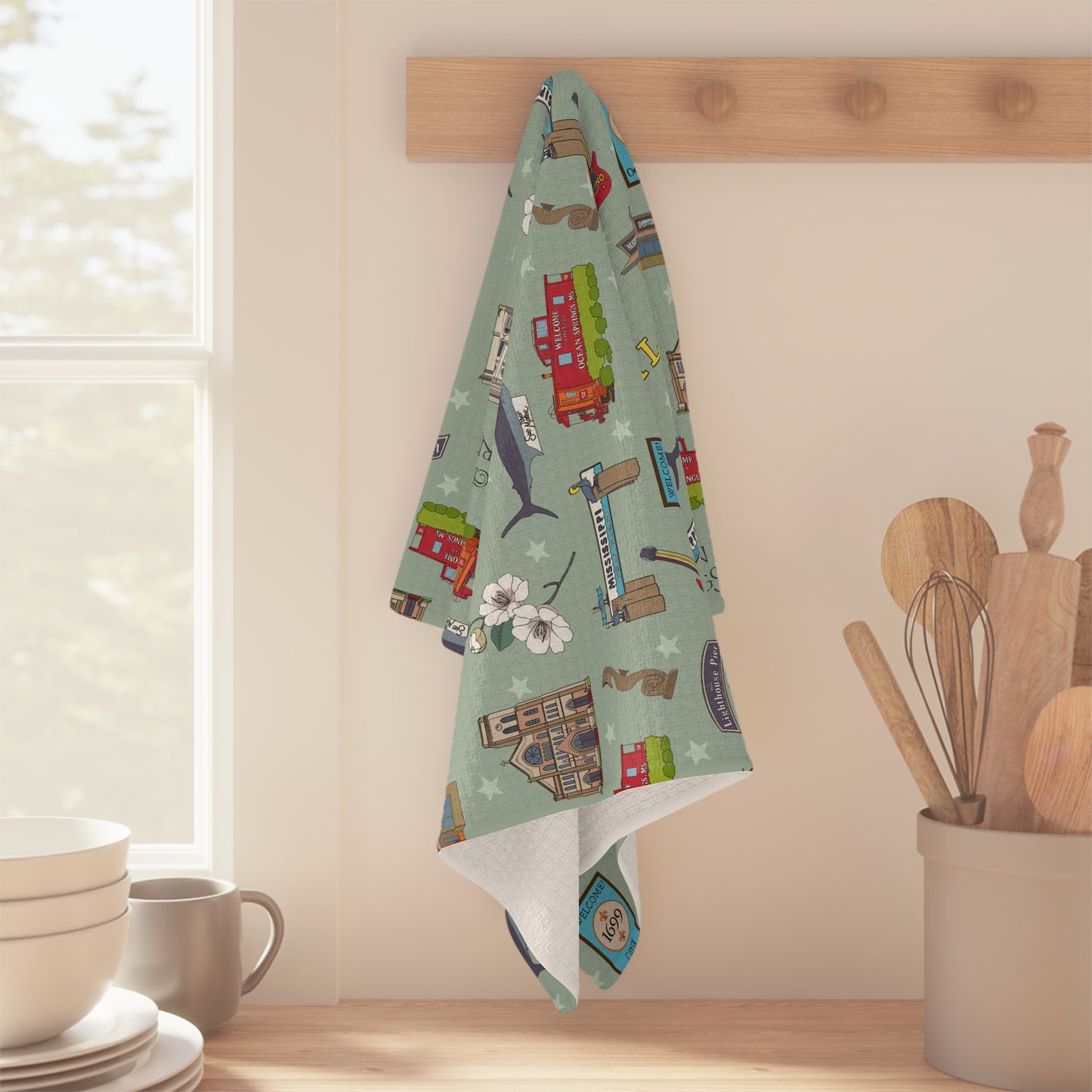 Kitchen Towel with Biloxi & Ocean Springs, Mississippi MS in sage