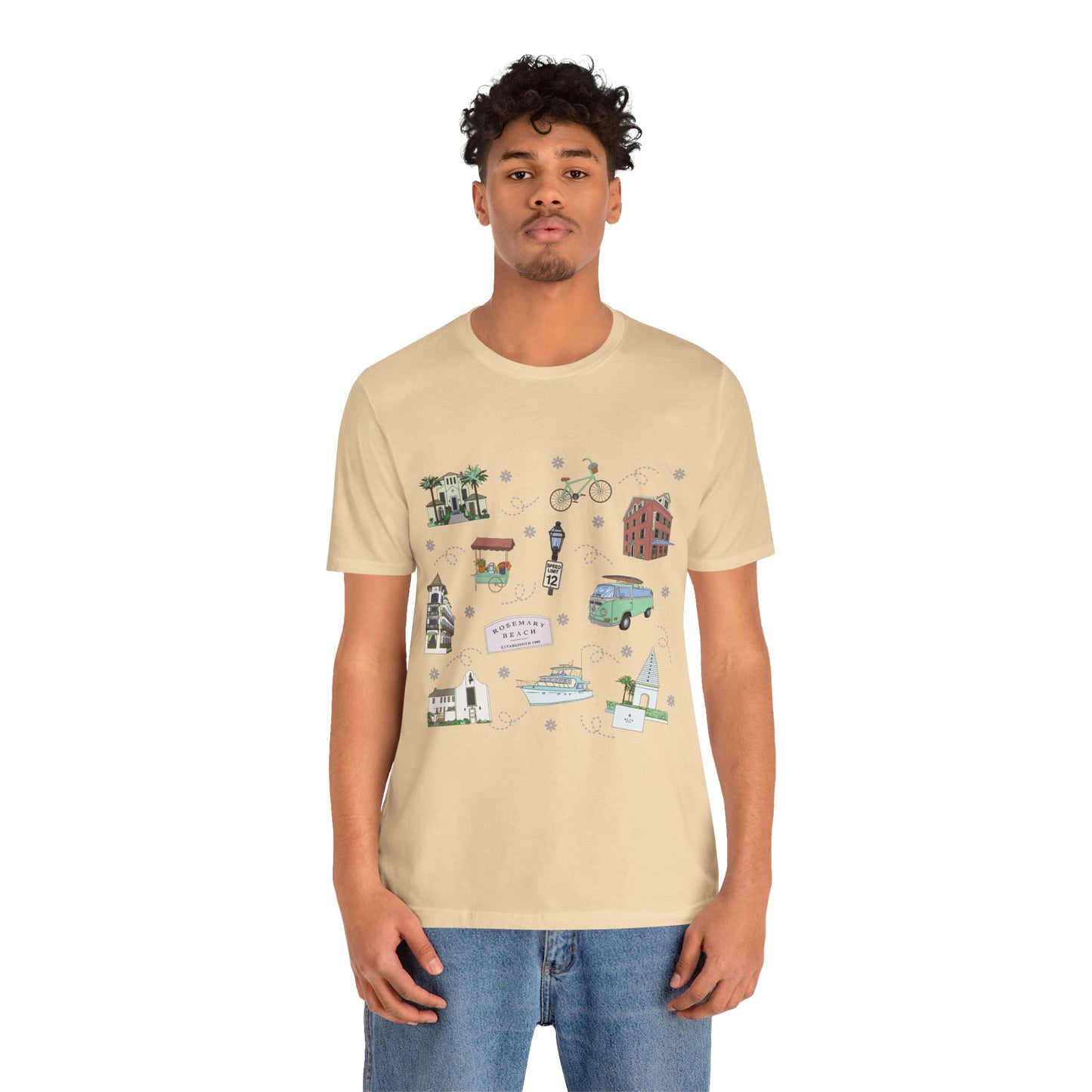 Unisex Jersey Short Sleeve Tee with Rosemary & Alys Beaches of 30A Florida FL landmarks print