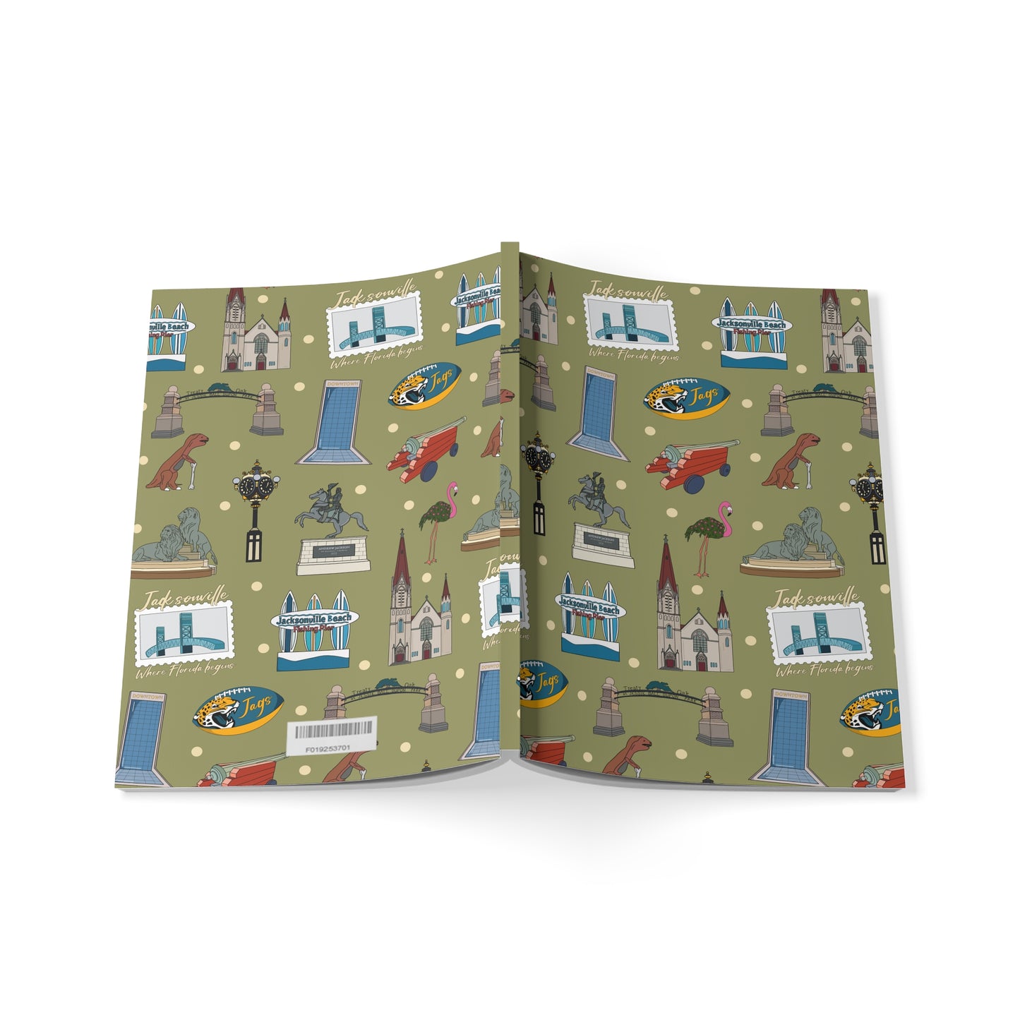 Paperback notebook with Jacksonville, FL landmarks in olive 150 lined pages