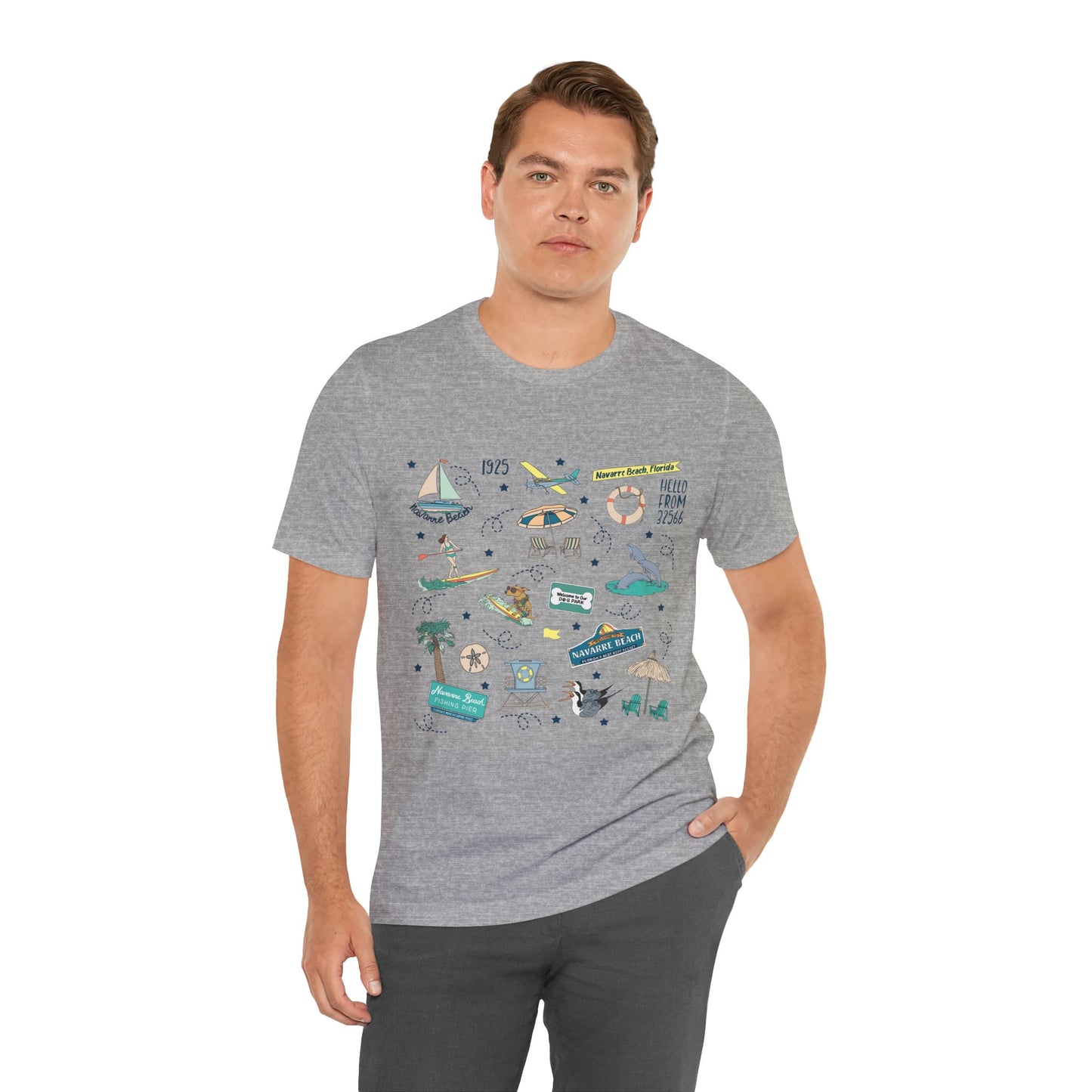 Unisex Jersey Short Sleeve Tee with Navarre Beach Florida FL landmarks print