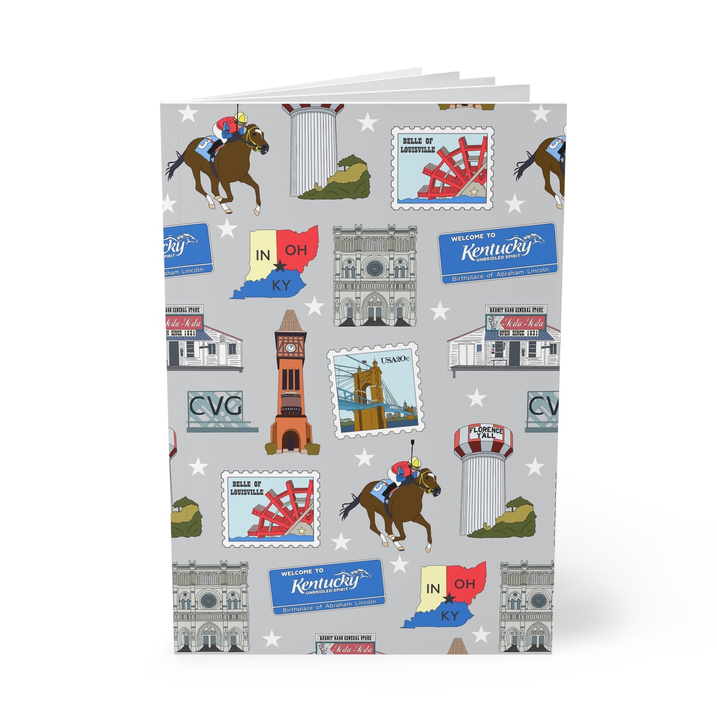 Paperback notebook with Florence, Covington & Burlington of Northern Kentucky KY, Indiana IN, Cincinnati Ohio OH landmarks in greyish 150 lined pages