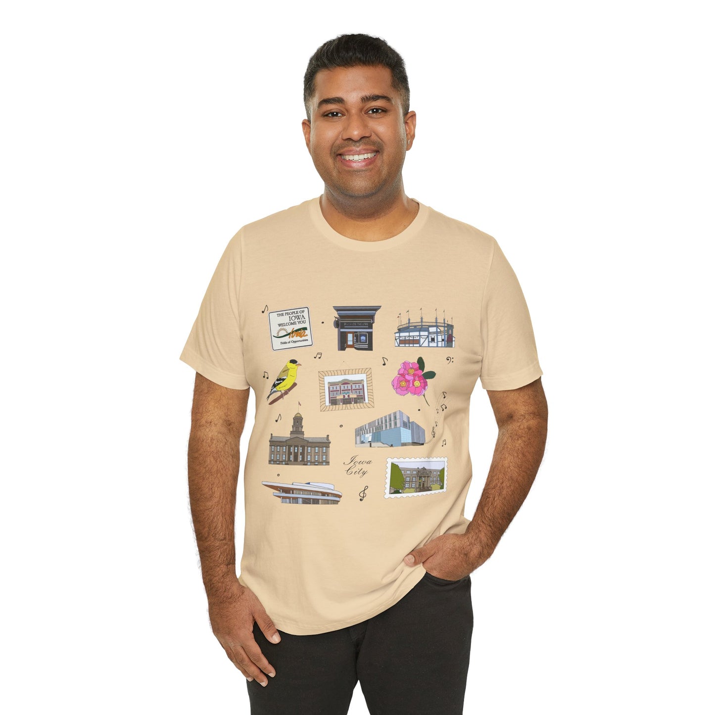 Unisex Jersey Short Sleeve Tee with Iowa City, Iowa IA landmarks print