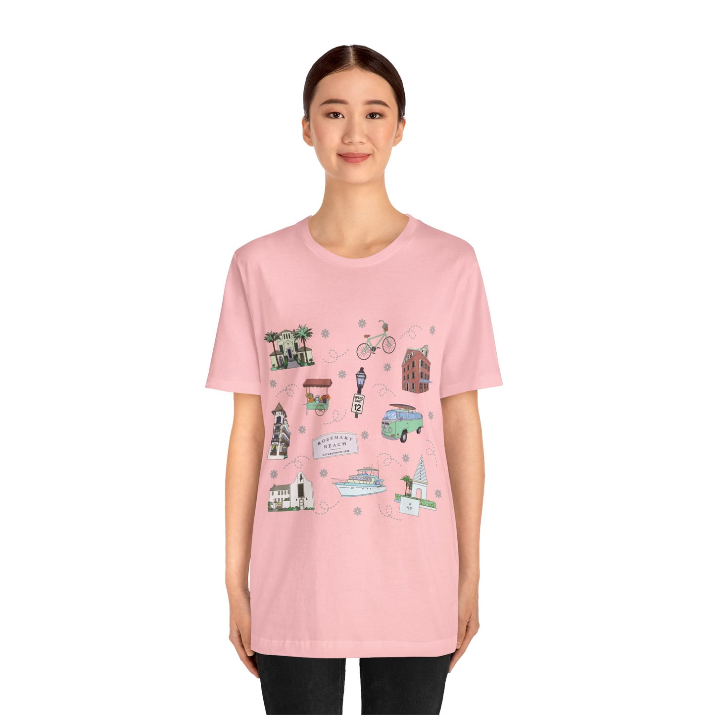 Unisex Jersey Short Sleeve Tee with Rosemary & Alys Beaches of 30A Florida FL landmarks print