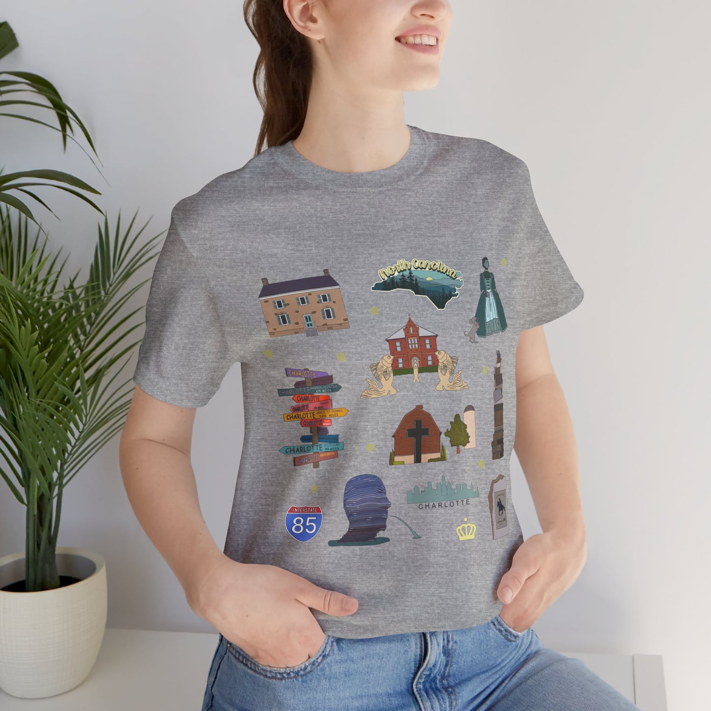 Unisex Jersey Short Sleeve Tee with Charlotte, North Carolina NC landmarks print