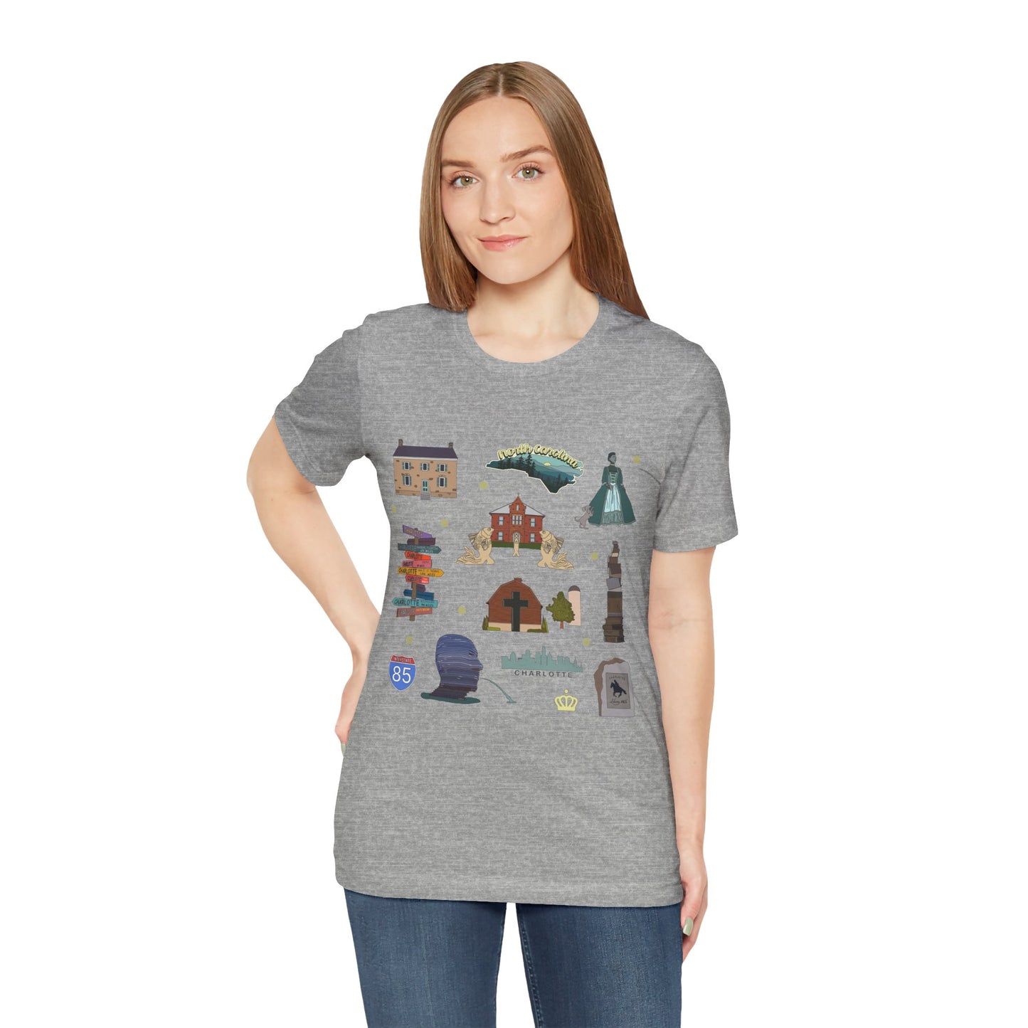 Unisex Jersey Short Sleeve Tee with Charlotte, North Carolina NC landmarks print