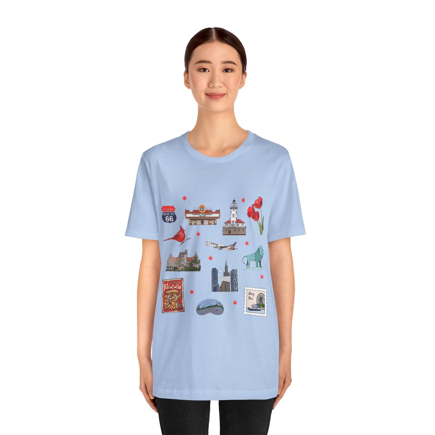 Unisex Jersey Short Sleeve Tee with Chicago, Illinois IL landmarks print