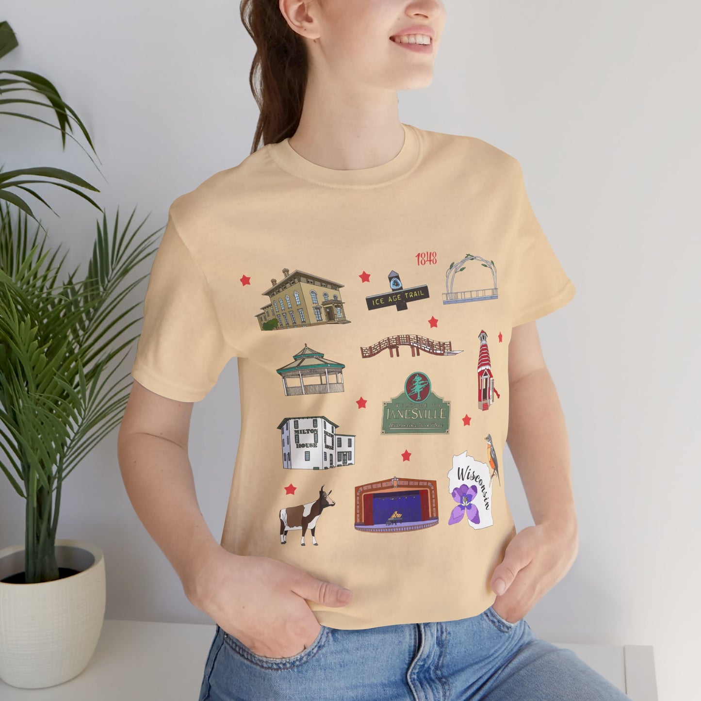 Unisex Jersey Short Sleeve Tee with Janesville, Wisconsin WI landmarks print