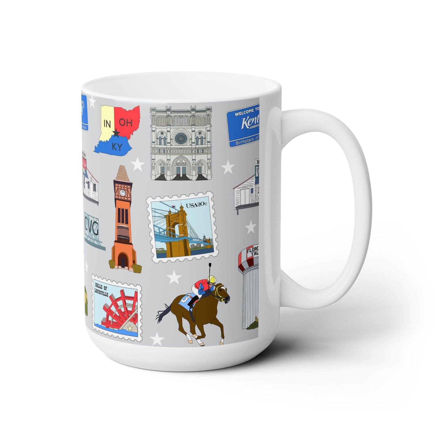 Ceramic Mug 15oz with Florence, Covington & Burlington of Northern Kentucky KY, Indiana IN, Cincinnati Ohio OH in greyish