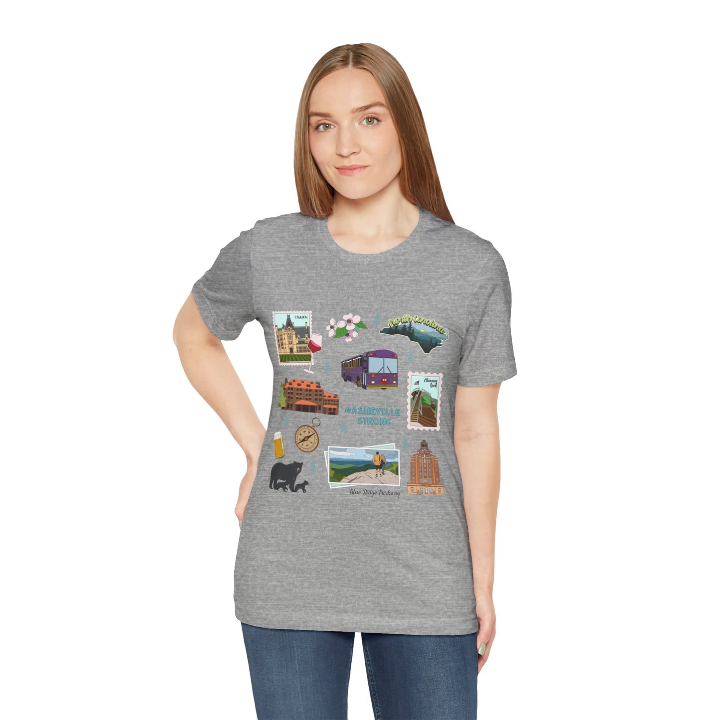 Unisex Jersey Short Sleeve Tee with Asheville, North Carolina NC landmarks print