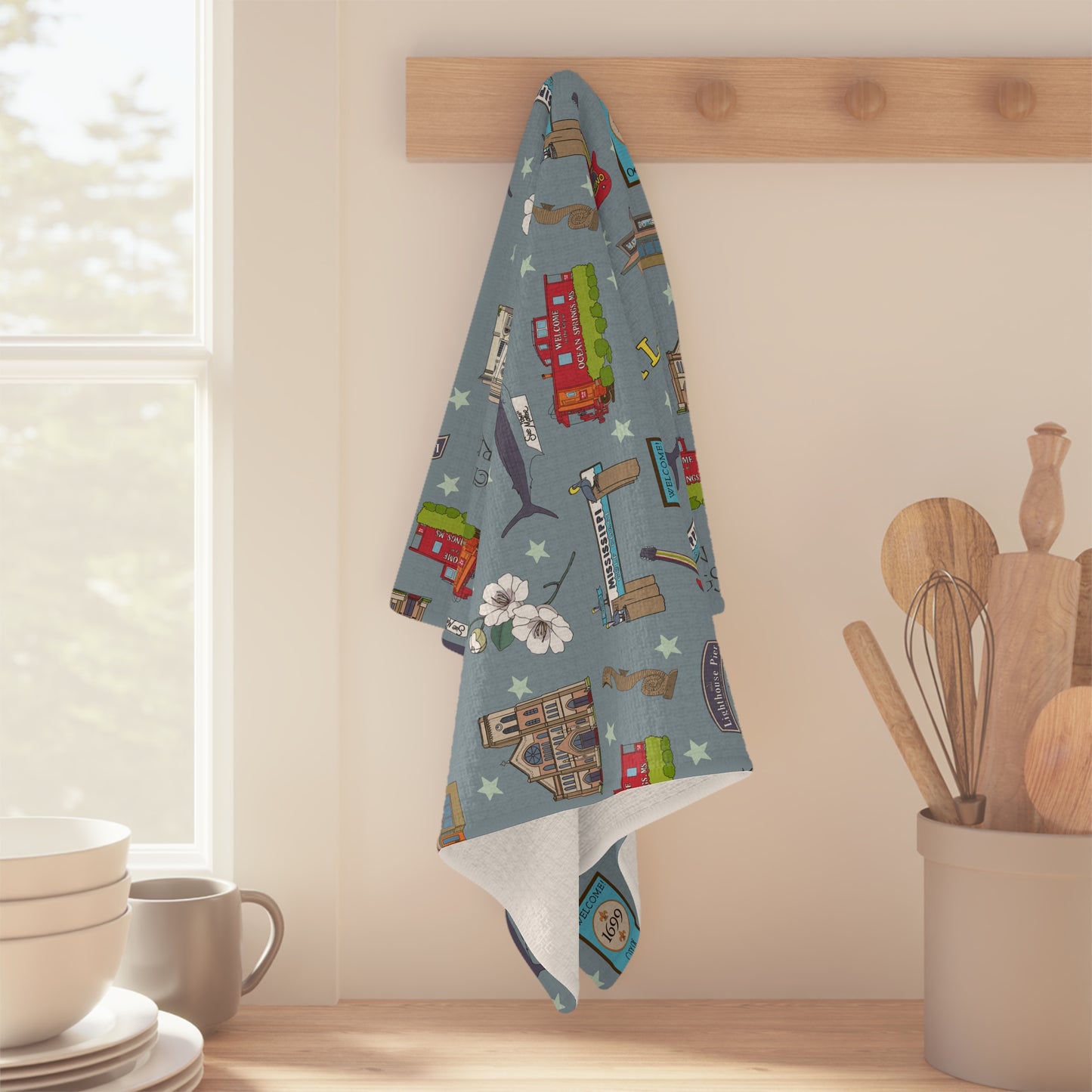 Kitchen Towel with Biloxi & Ocean Springs, Mississippi MS in dusty blue