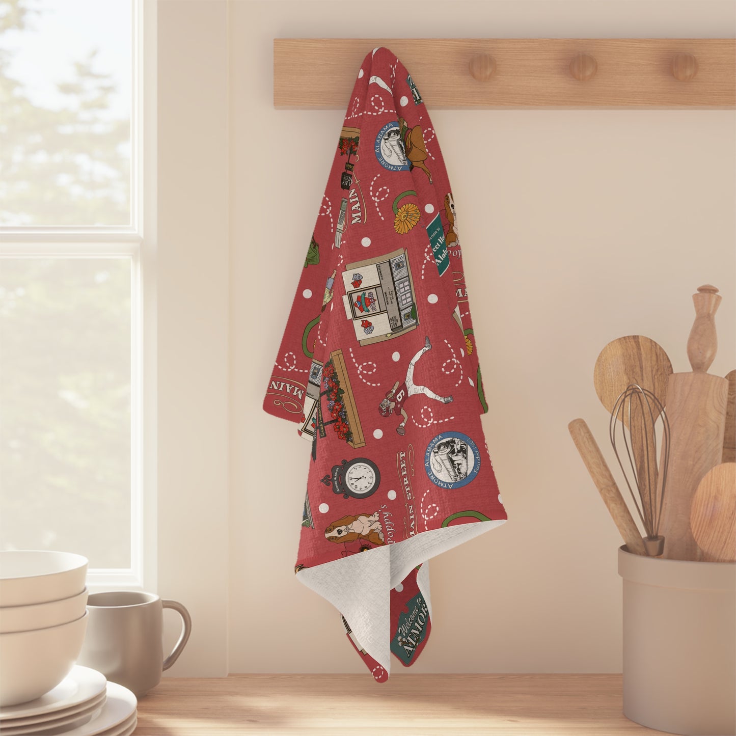Kitchen Towel with Atmore, AL in crimson