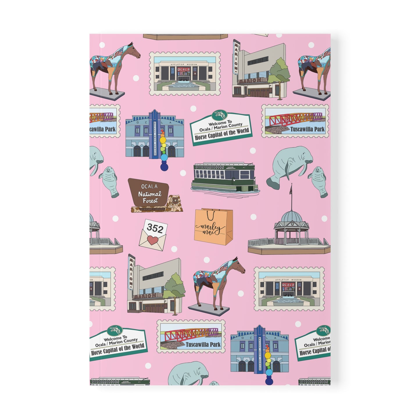 Paperback notebook with Ocala, Florida FL landmarks in pink 150 lined pages