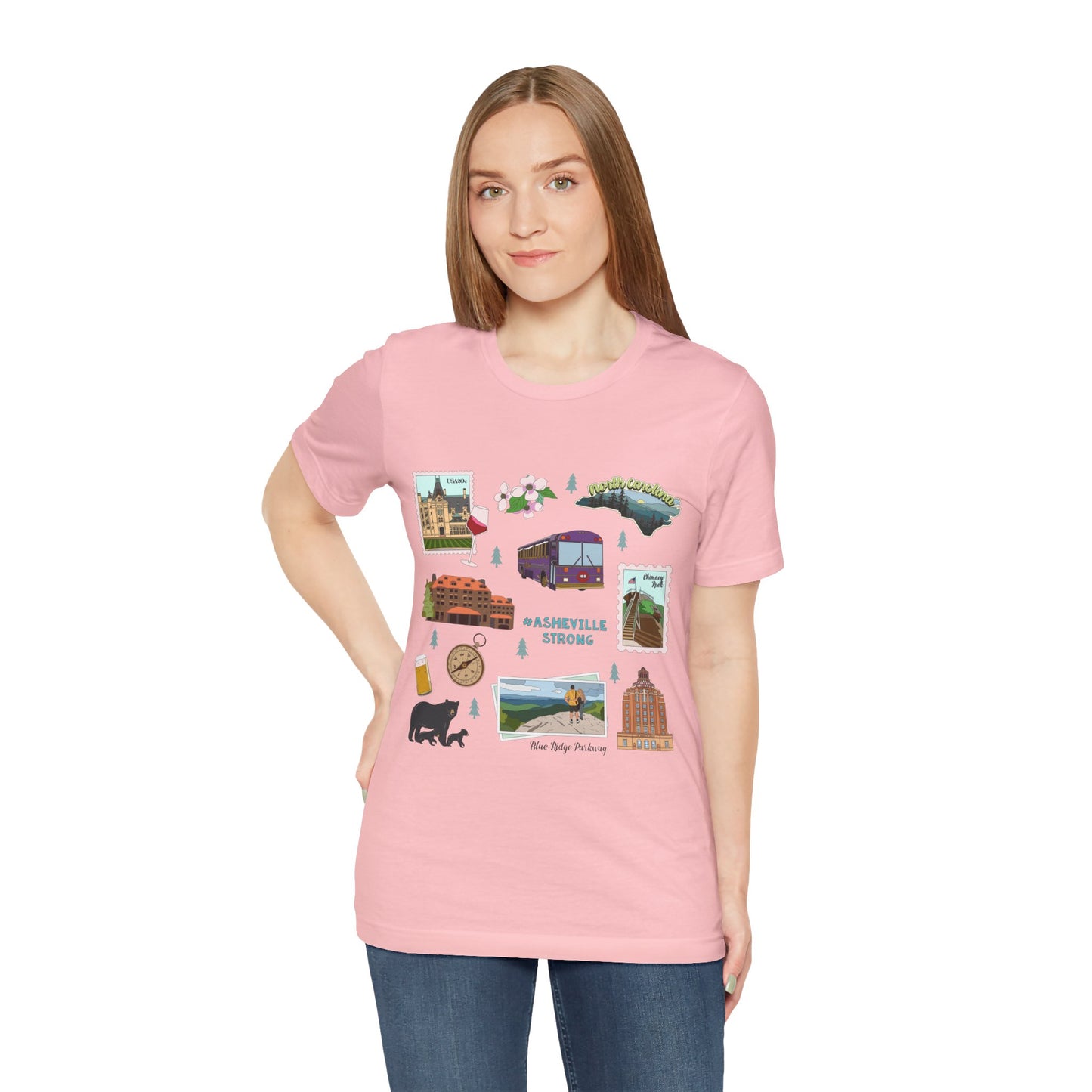 Unisex Jersey Short Sleeve Tee with Asheville, North Carolina NC landmarks print