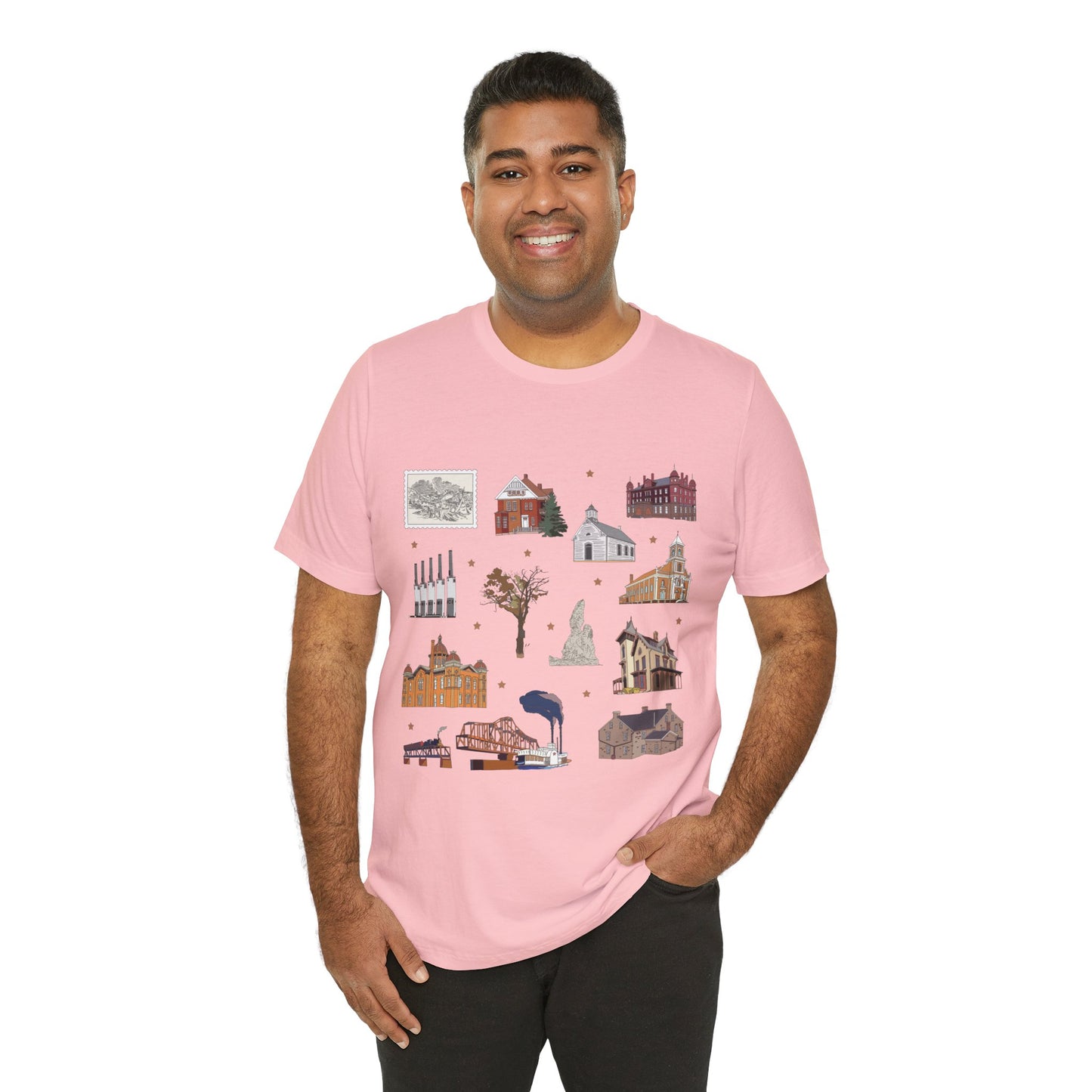 Unisex Jersey Short Sleeve Tee with South St. Paul, Mendota, Hastings, Hampton, Inver Grove Heights near the Minneapolis Minnesota MN landmarks print