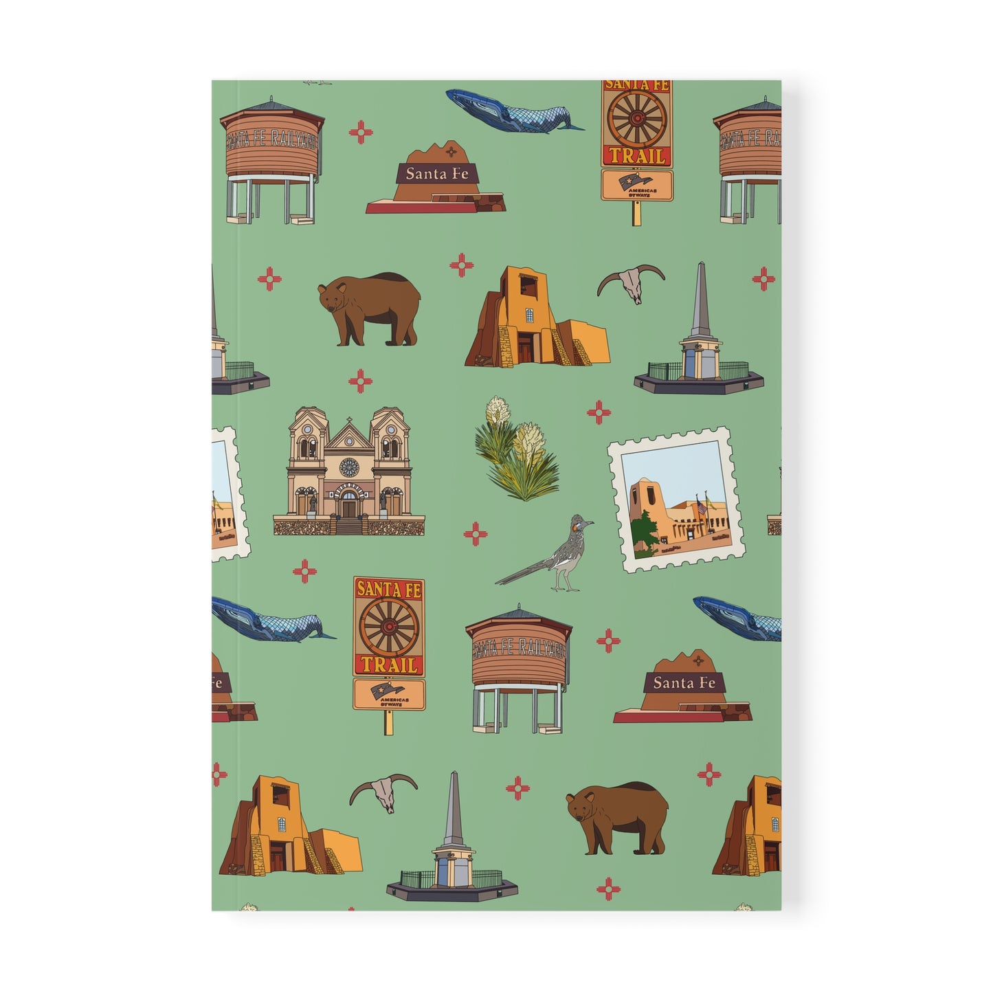 Paperback notebook with Santa Fe, New Mexico NM landmarks in green tea 150 lined pages