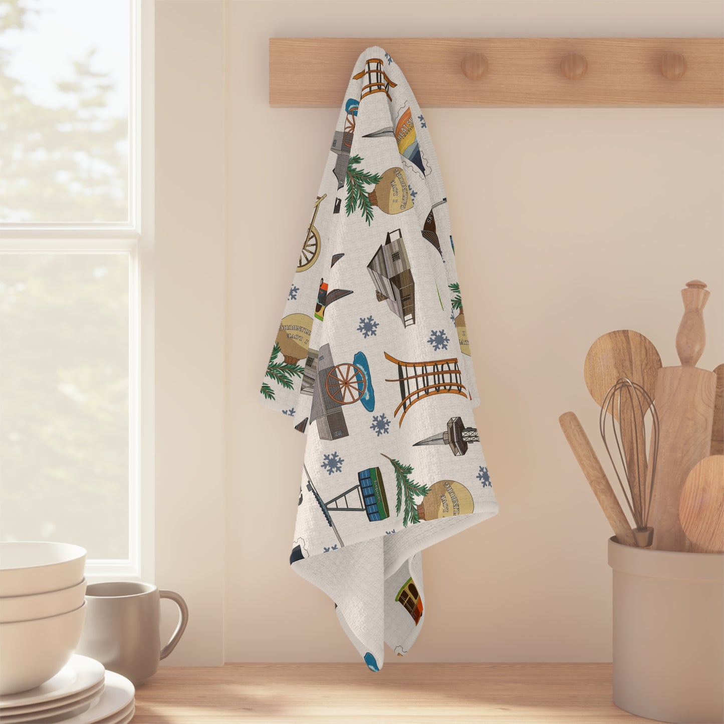 Kitchen Towel with Gatlinburg, TN and the Great Smoky Mountains in white