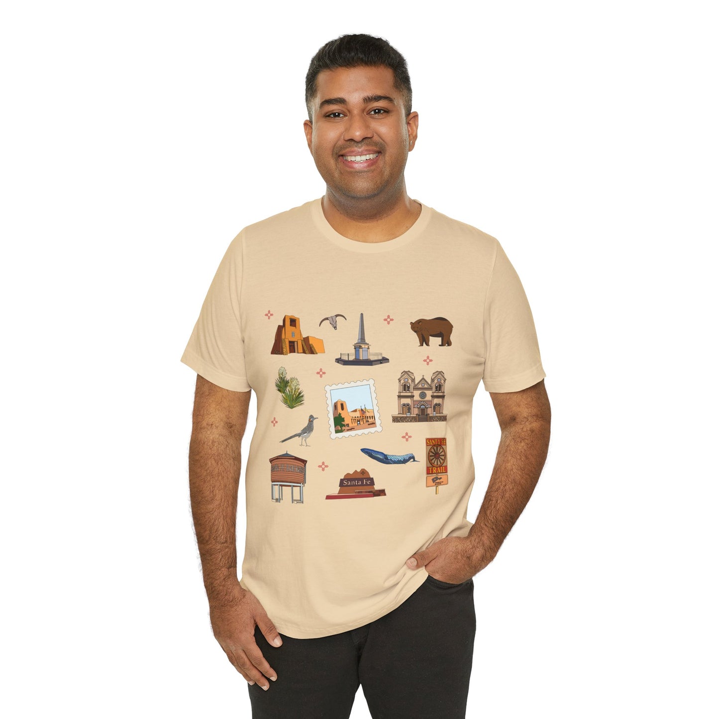 Unisex Jersey Short Sleeve Tee with Santa Fe, New Mexico NM landmarks print