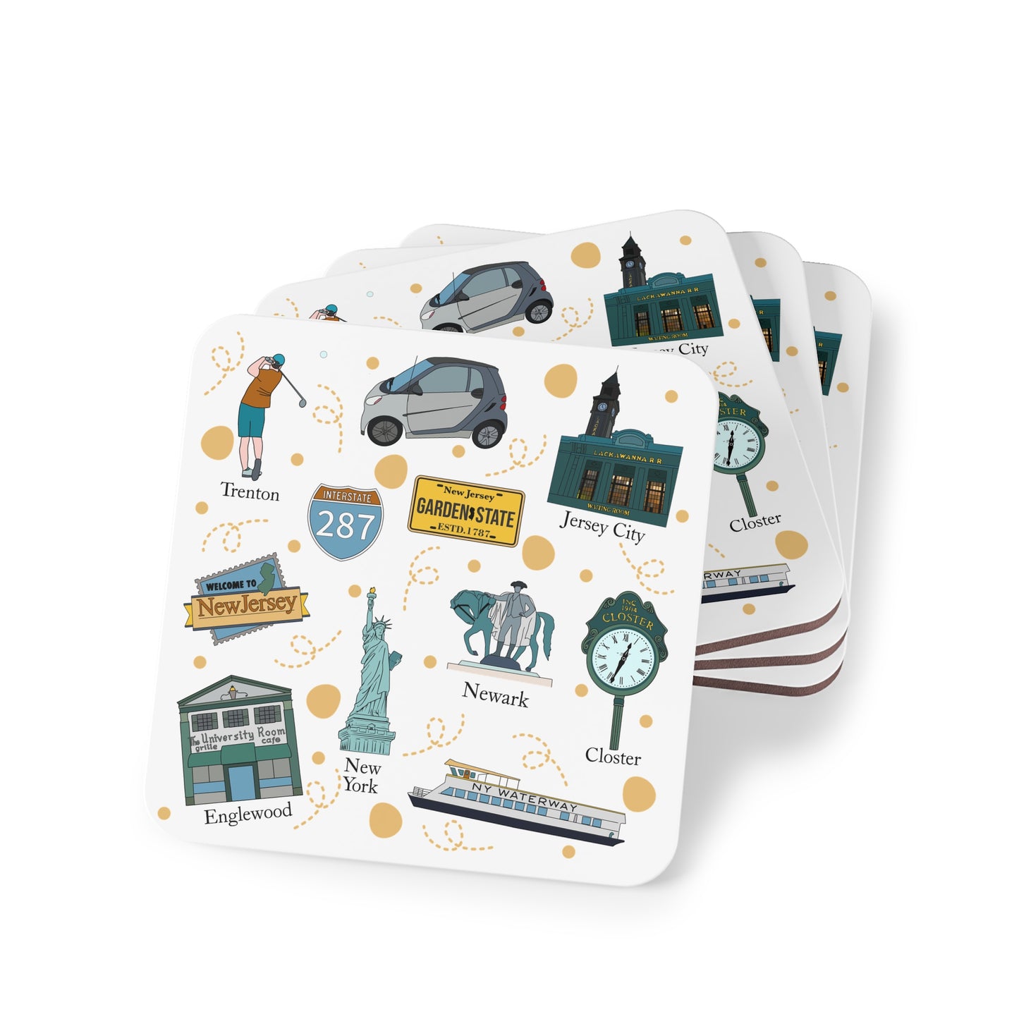 Set of 4 Ceramic Mug Coasters with New Jersey cities, NJ Trenton, Closter, Englewood, Newark, Hoboken