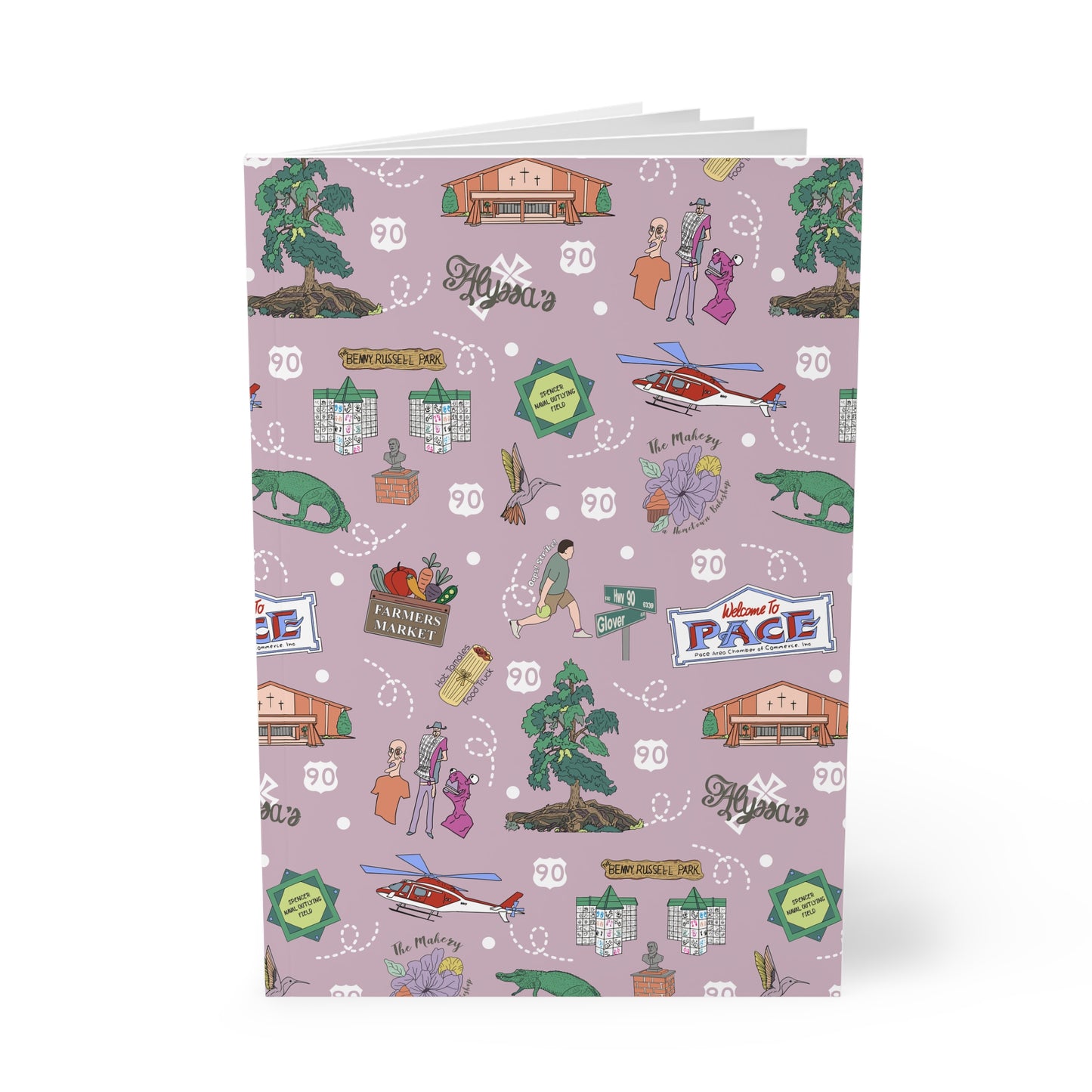Paperback notebook with Pace, Florida FL landmarks in lavender 150 lined pages