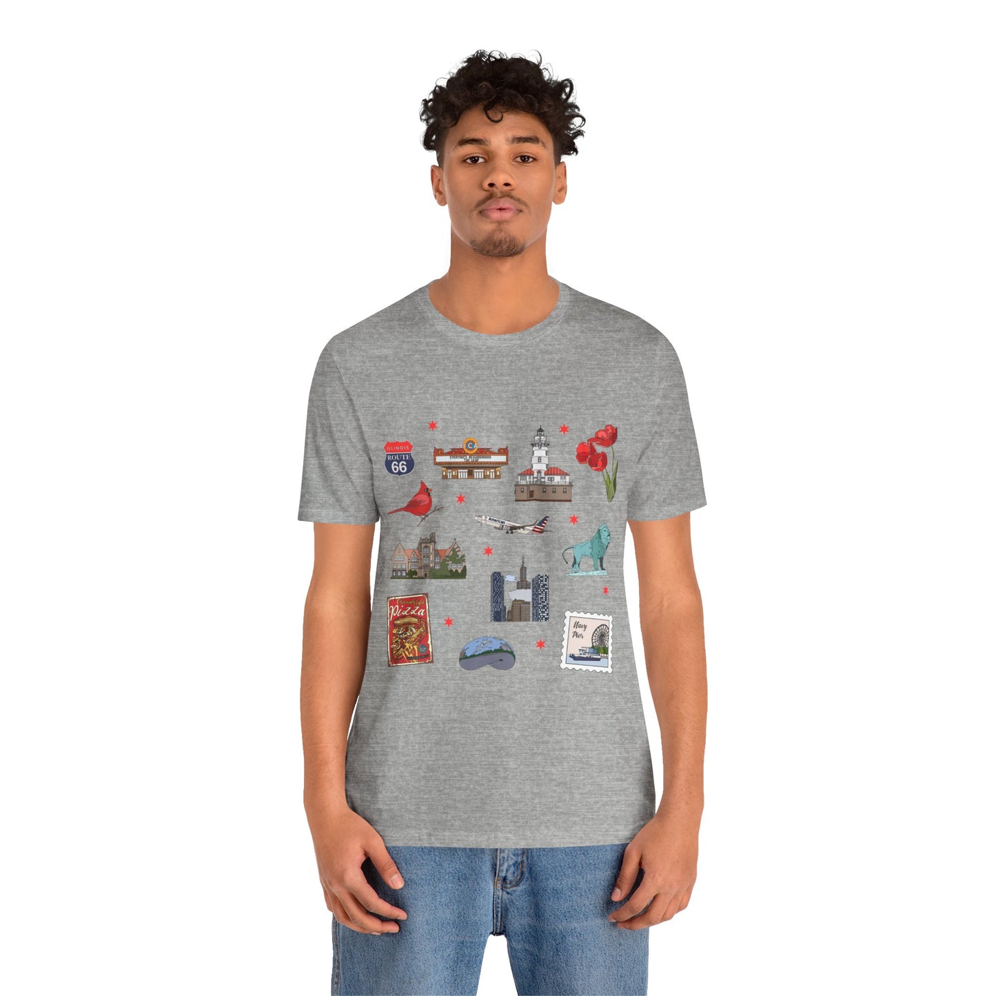 Unisex Jersey Short Sleeve Tee with Chicago, Illinois IL landmarks print