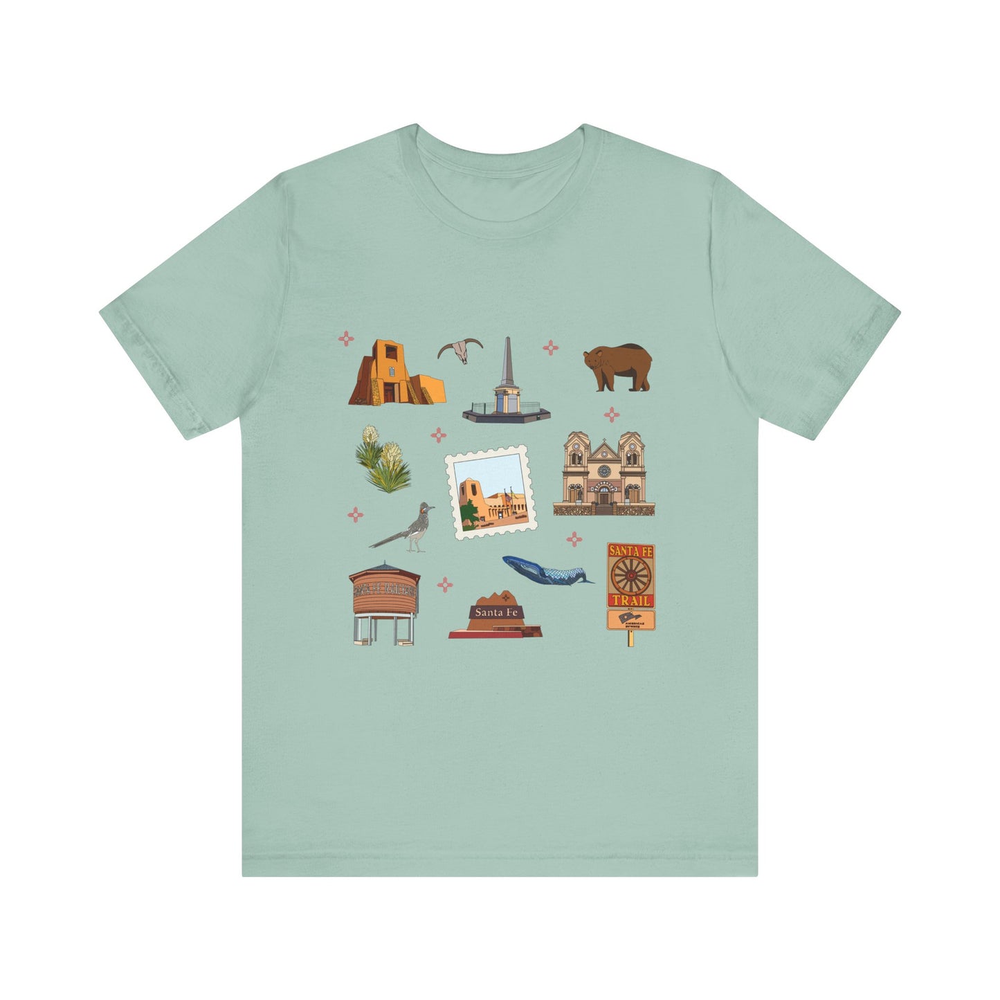 Unisex Jersey Short Sleeve Tee with Santa Fe, New Mexico NM landmarks print