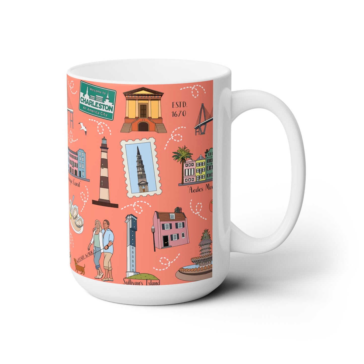 Ceramic Mug 15oz with Charleston, SC in coral