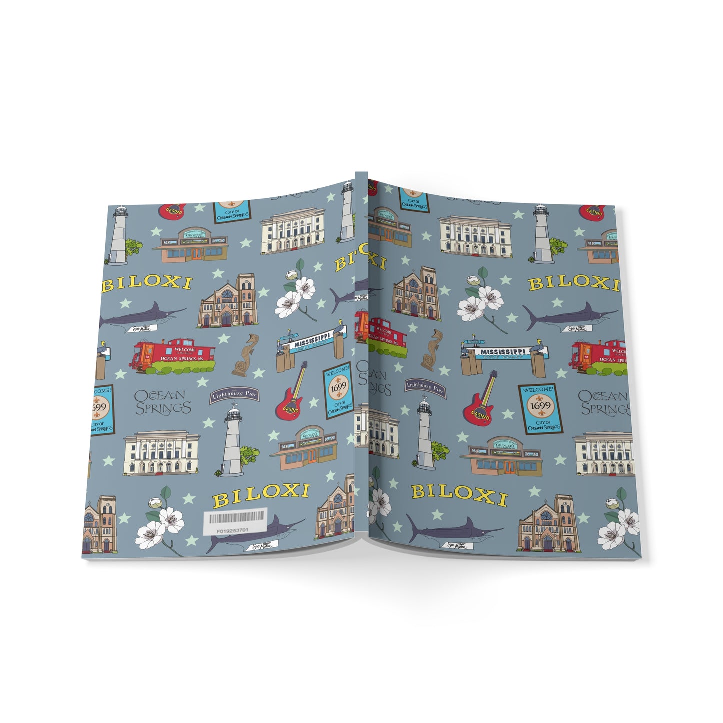Paperback notebook with Biloxi & Ocean Springs, Mississippi MS landmarks in dusty blue 150 lined pages