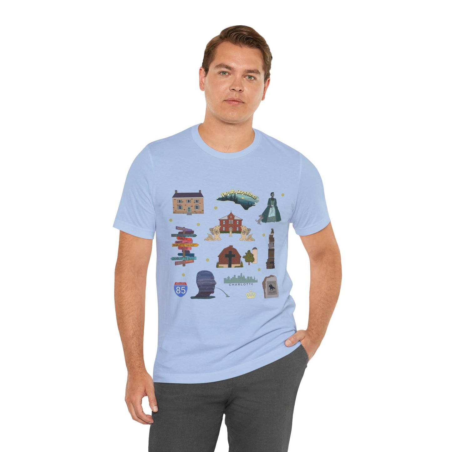Unisex Jersey Short Sleeve Tee with Charlotte, North Carolina NC landmarks print
