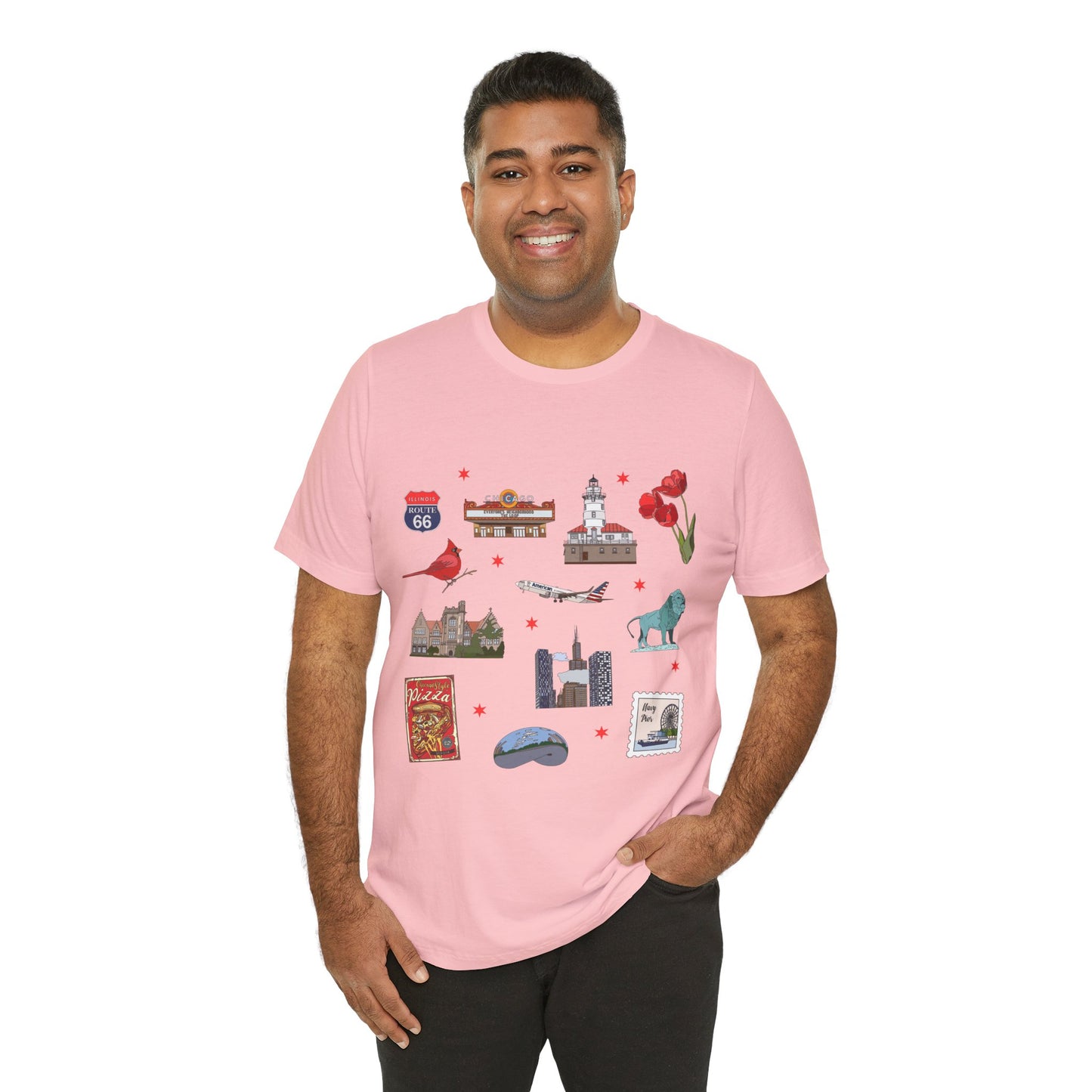 Unisex Jersey Short Sleeve Tee with Chicago, Illinois IL landmarks print