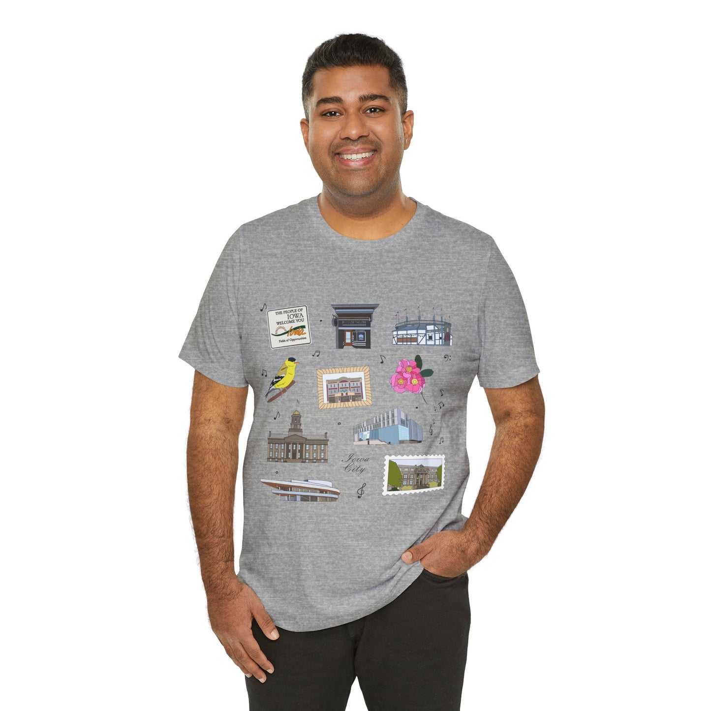 Unisex Jersey Short Sleeve Tee with Iowa City, Iowa IA landmarks print