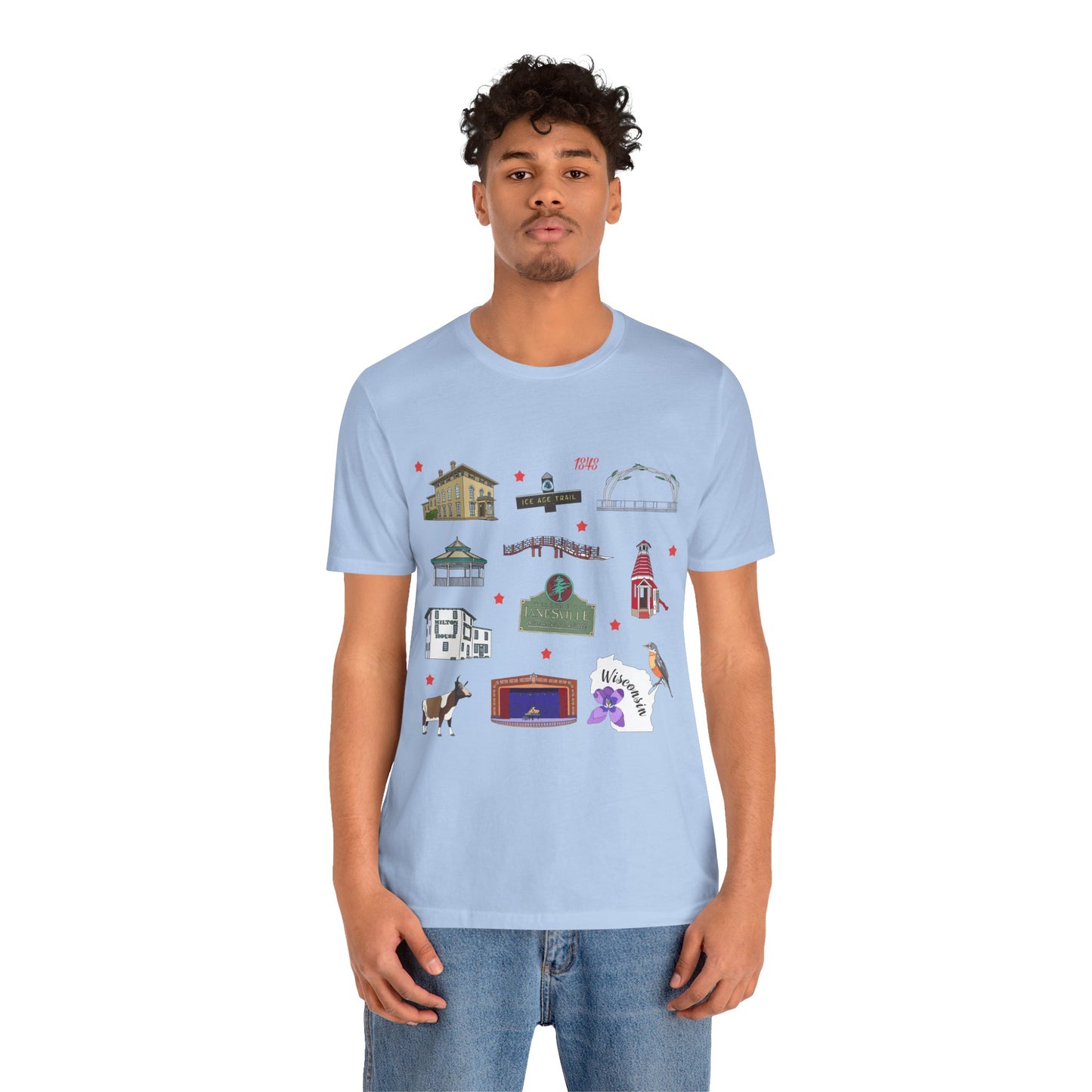 Unisex Jersey Short Sleeve Tee with Janesville, Wisconsin WI landmarks print
