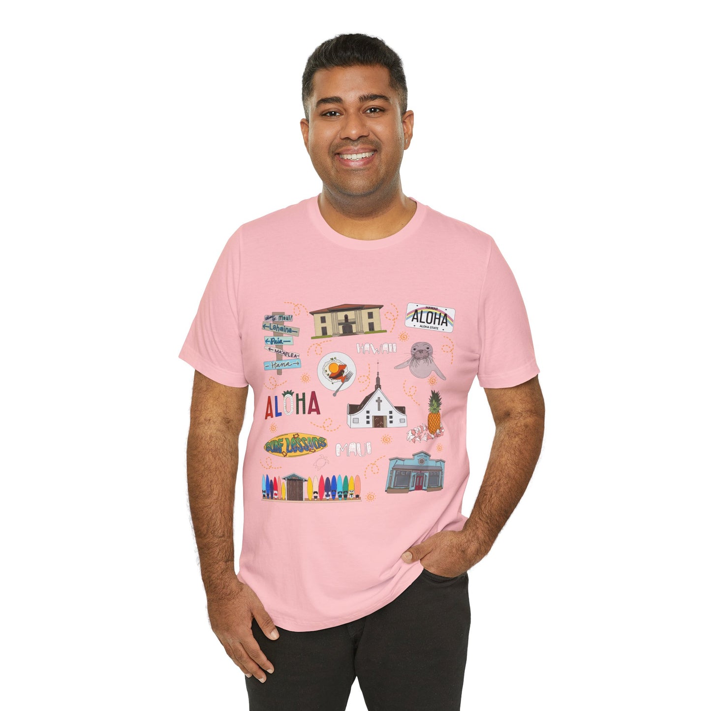 Unisex Jersey Short Sleeve Tee with Maui, Hawaii HI landmarks print