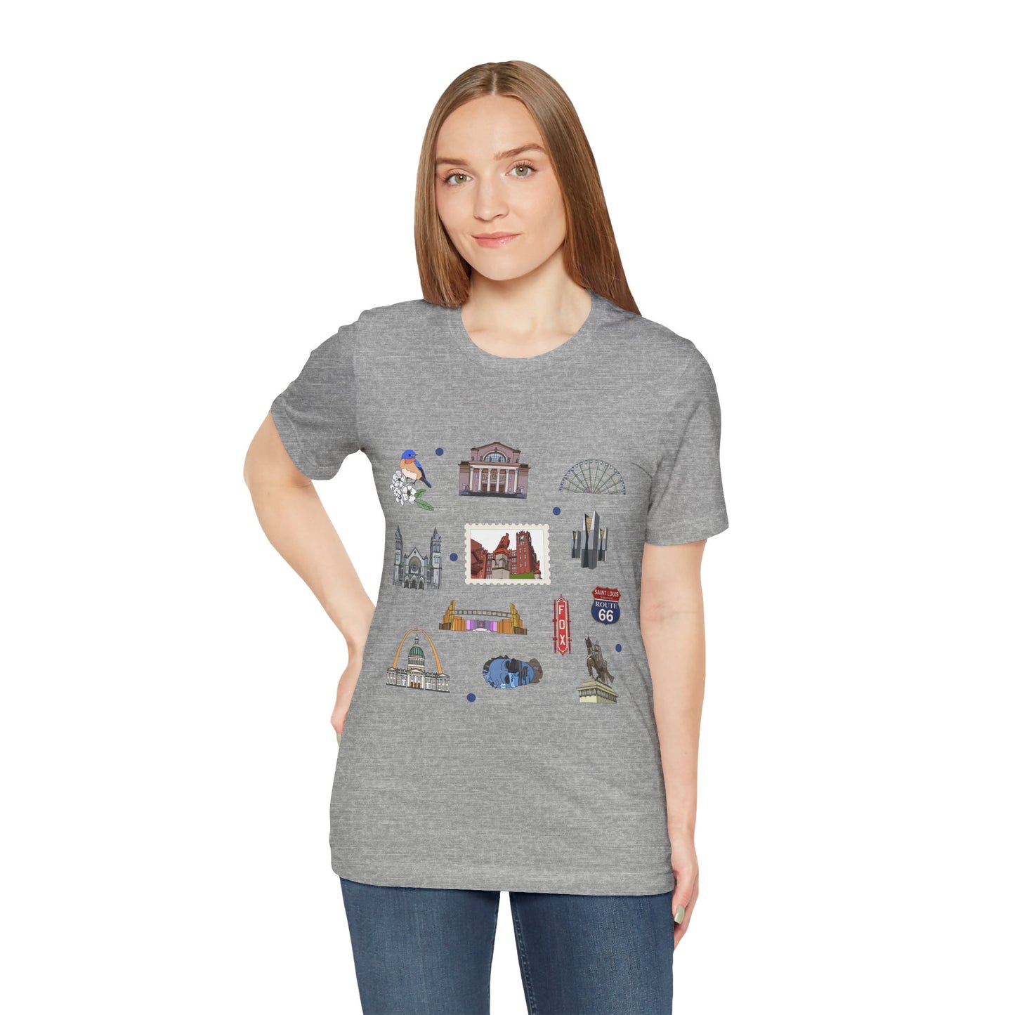 Unisex Jersey Short Sleeve Tee with St. Louis, Missouri MO landmarks print