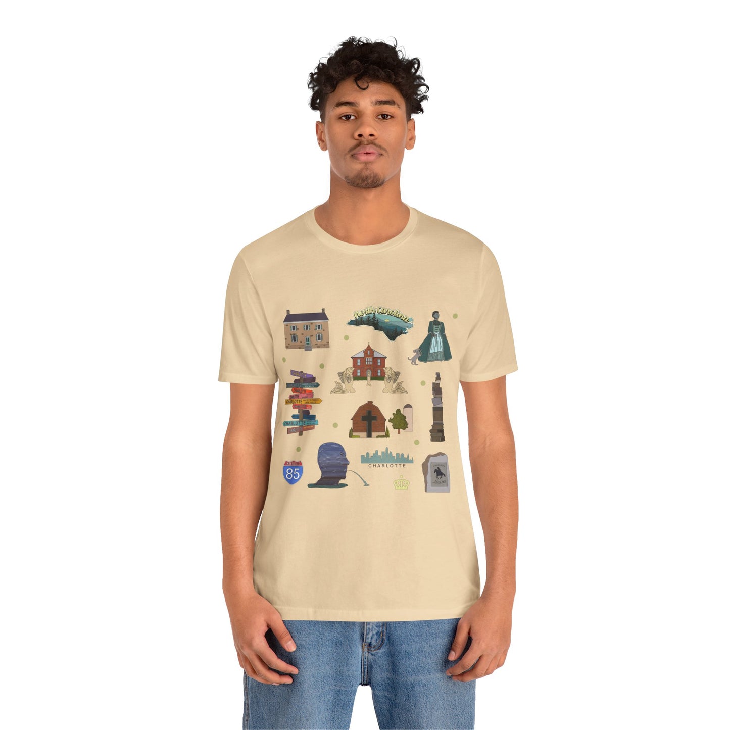 Unisex Jersey Short Sleeve Tee with Charlotte, North Carolina NC landmarks print