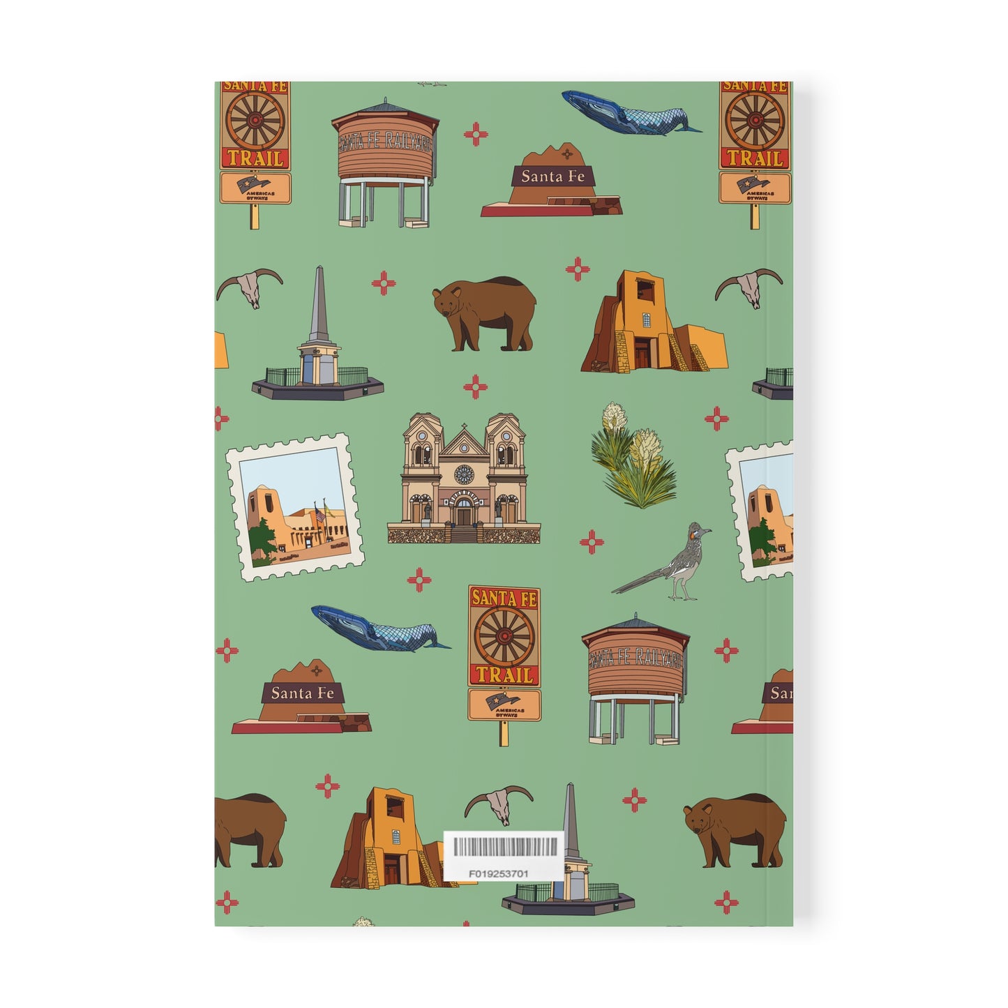 Paperback notebook with Santa Fe, New Mexico NM landmarks in green tea 150 lined pages