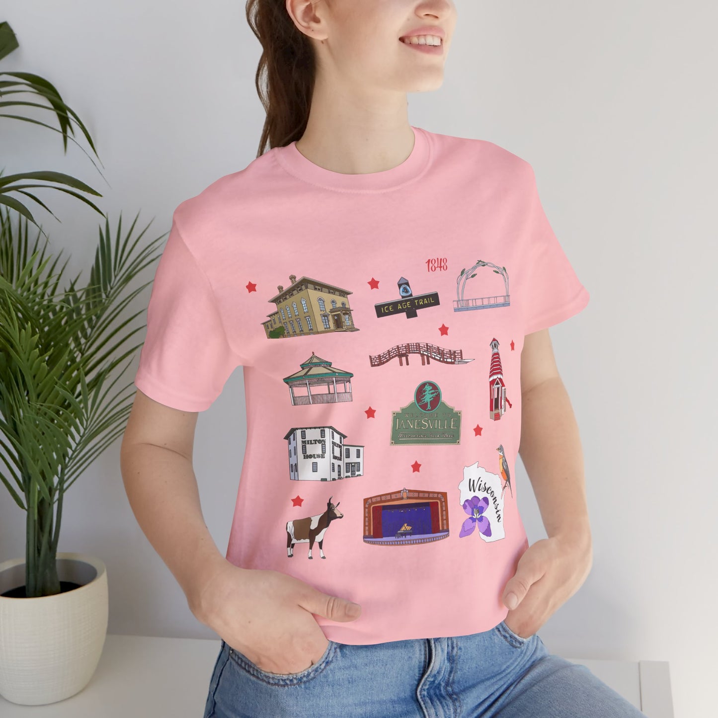 Unisex Jersey Short Sleeve Tee with Janesville, Wisconsin WI landmarks print