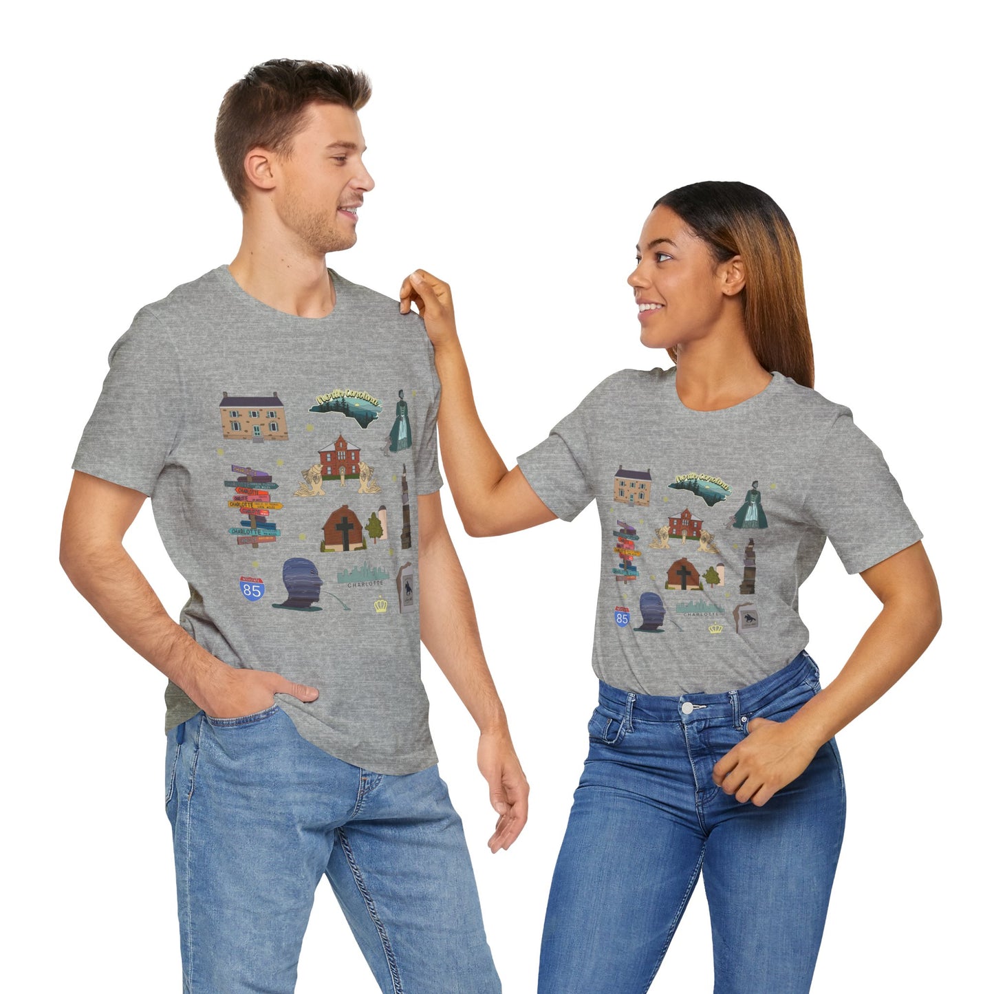 Unisex Jersey Short Sleeve Tee with Charlotte, North Carolina NC landmarks print