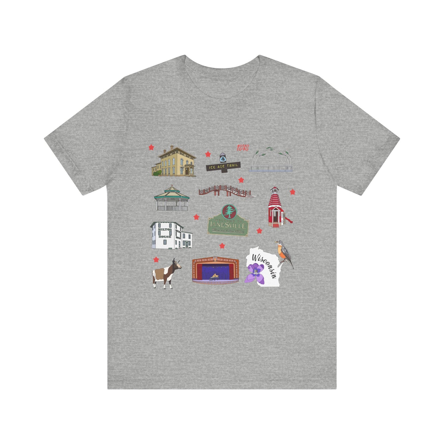 Unisex Jersey Short Sleeve Tee with Janesville, Wisconsin WI landmarks print