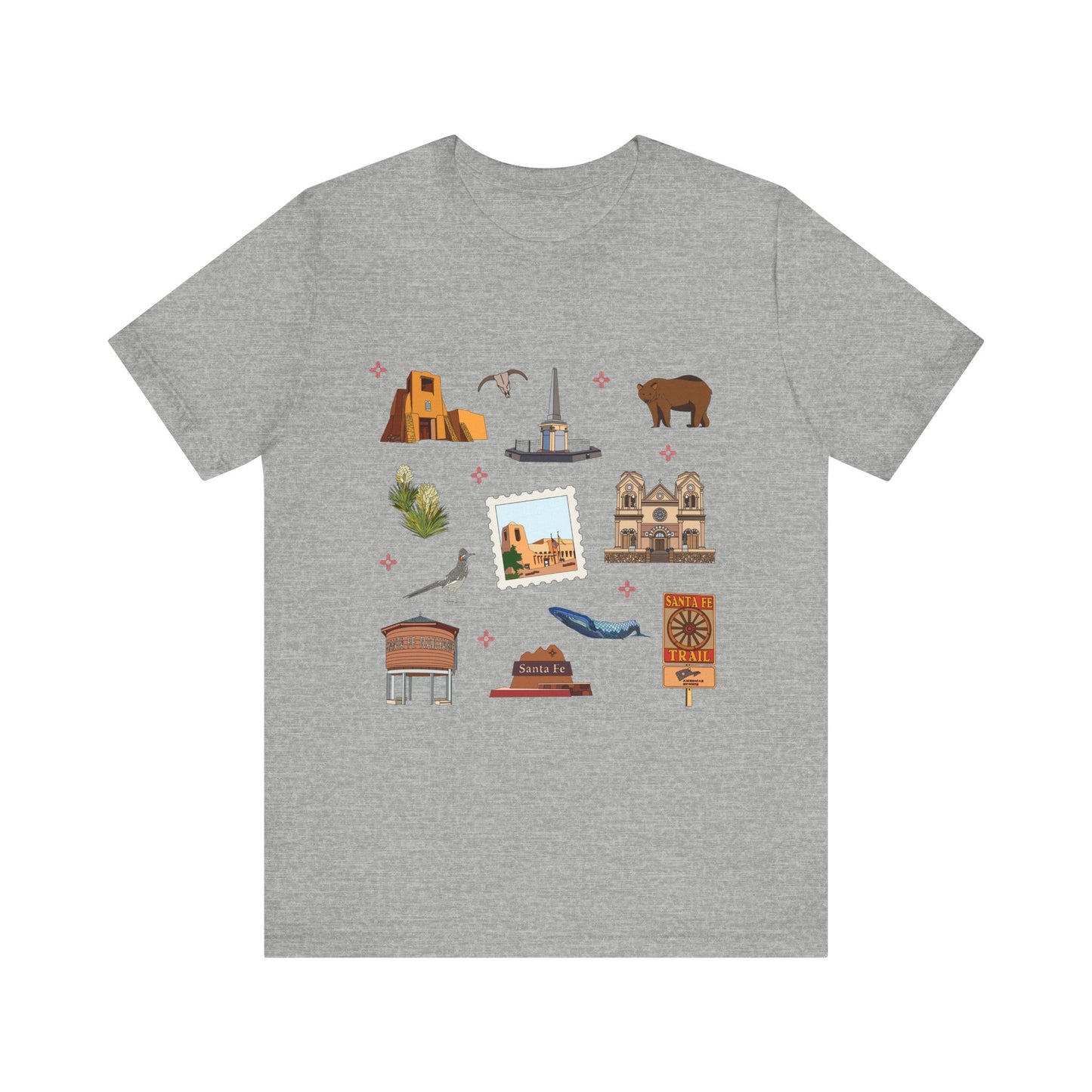 Unisex Jersey Short Sleeve Tee with Santa Fe, New Mexico NM landmarks print