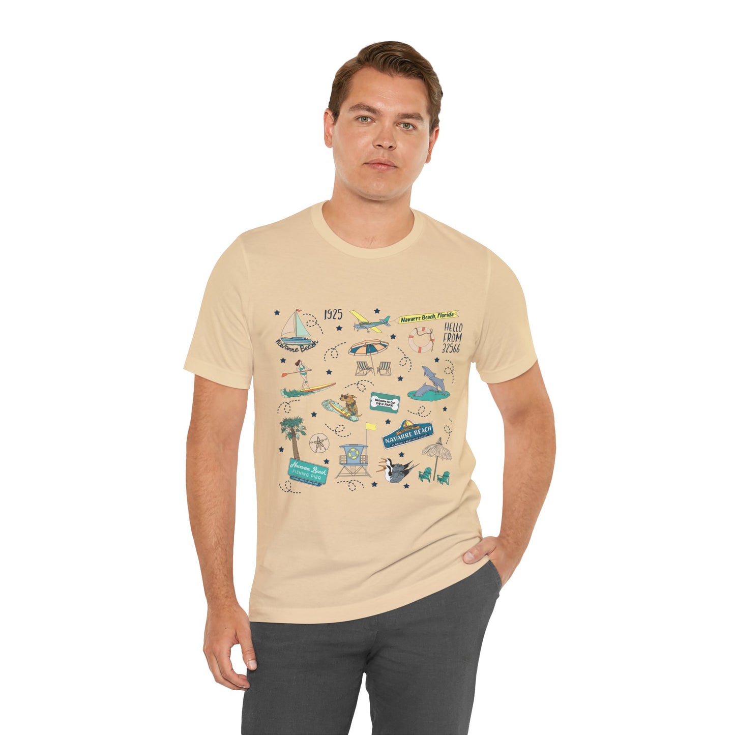 Unisex Jersey Short Sleeve Tee with Navarre Beach Florida FL landmarks print