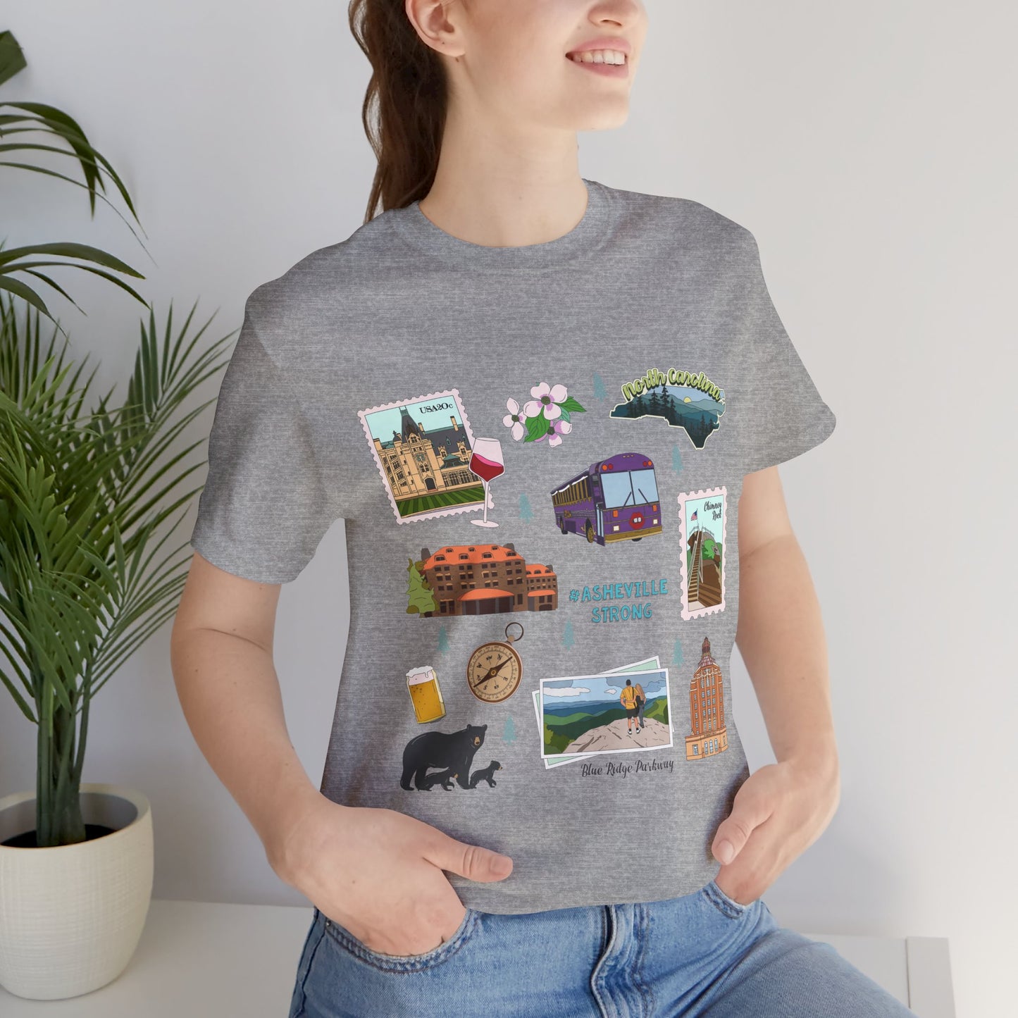 Unisex Jersey Short Sleeve Tee with Asheville, North Carolina NC landmarks print