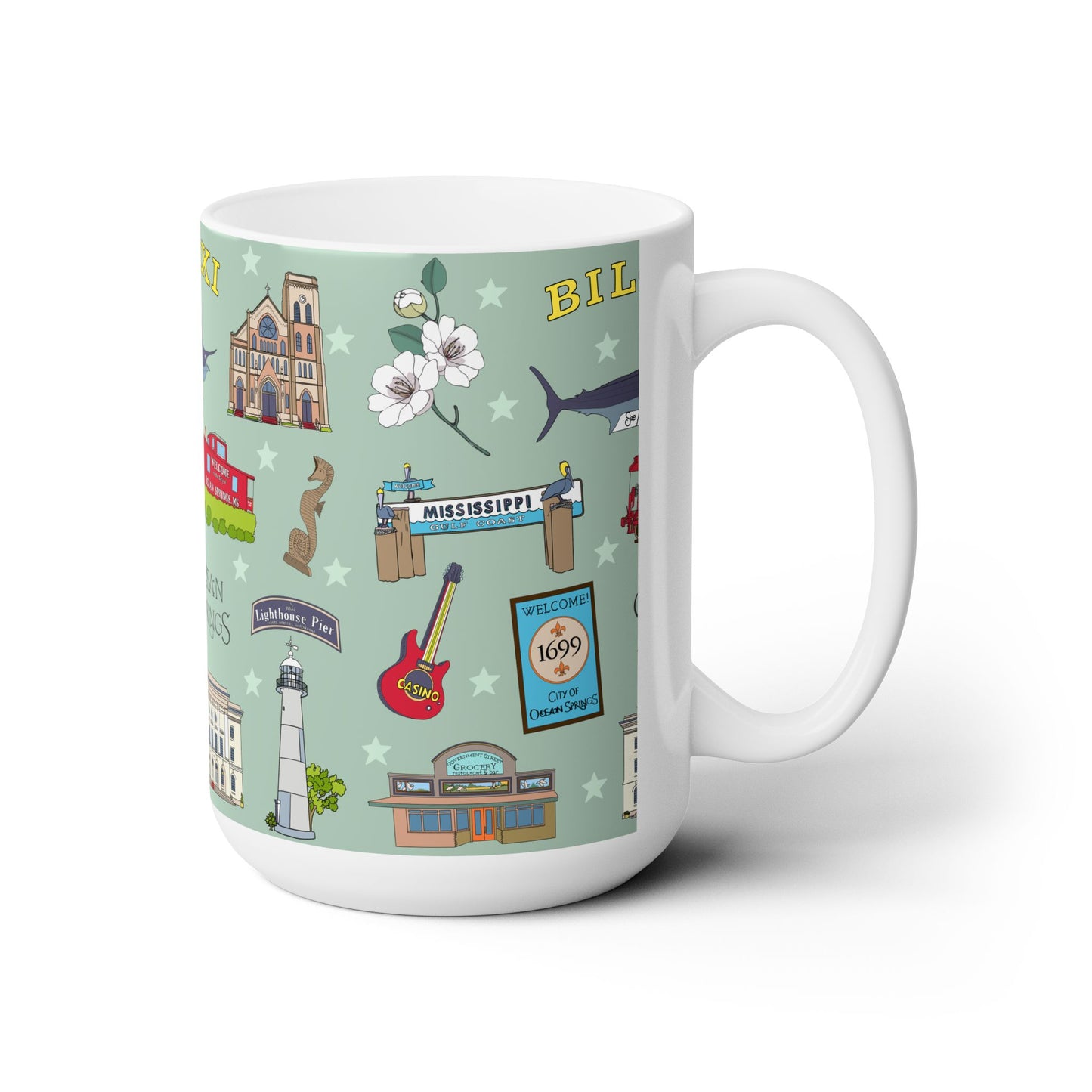 Ceramic Mug 15oz with Biloxi & Ocean Springs, Mississippi MS in sage