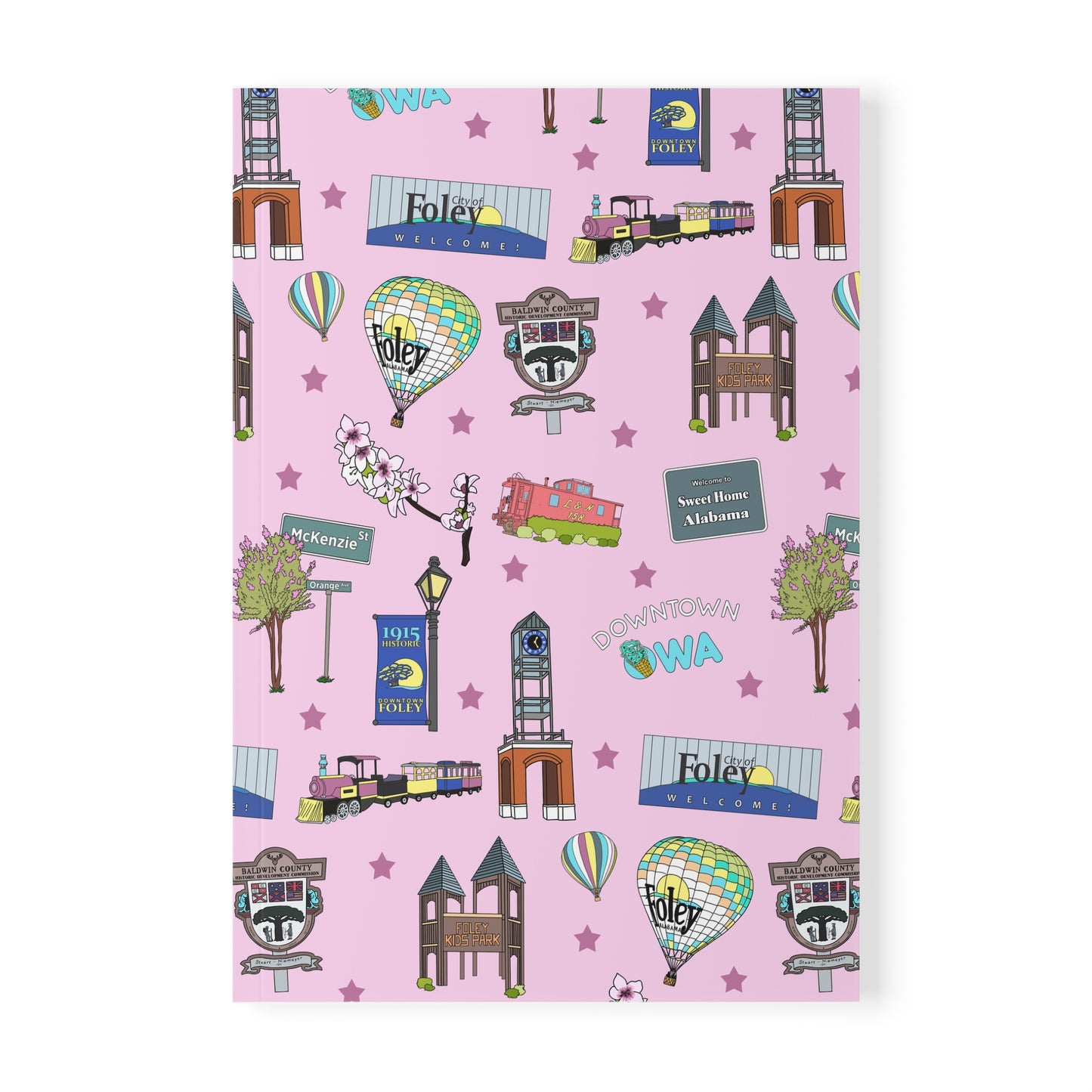 Paperback notebook with Foley, Alabama AL landmarks in pale pink 150 lined pages
