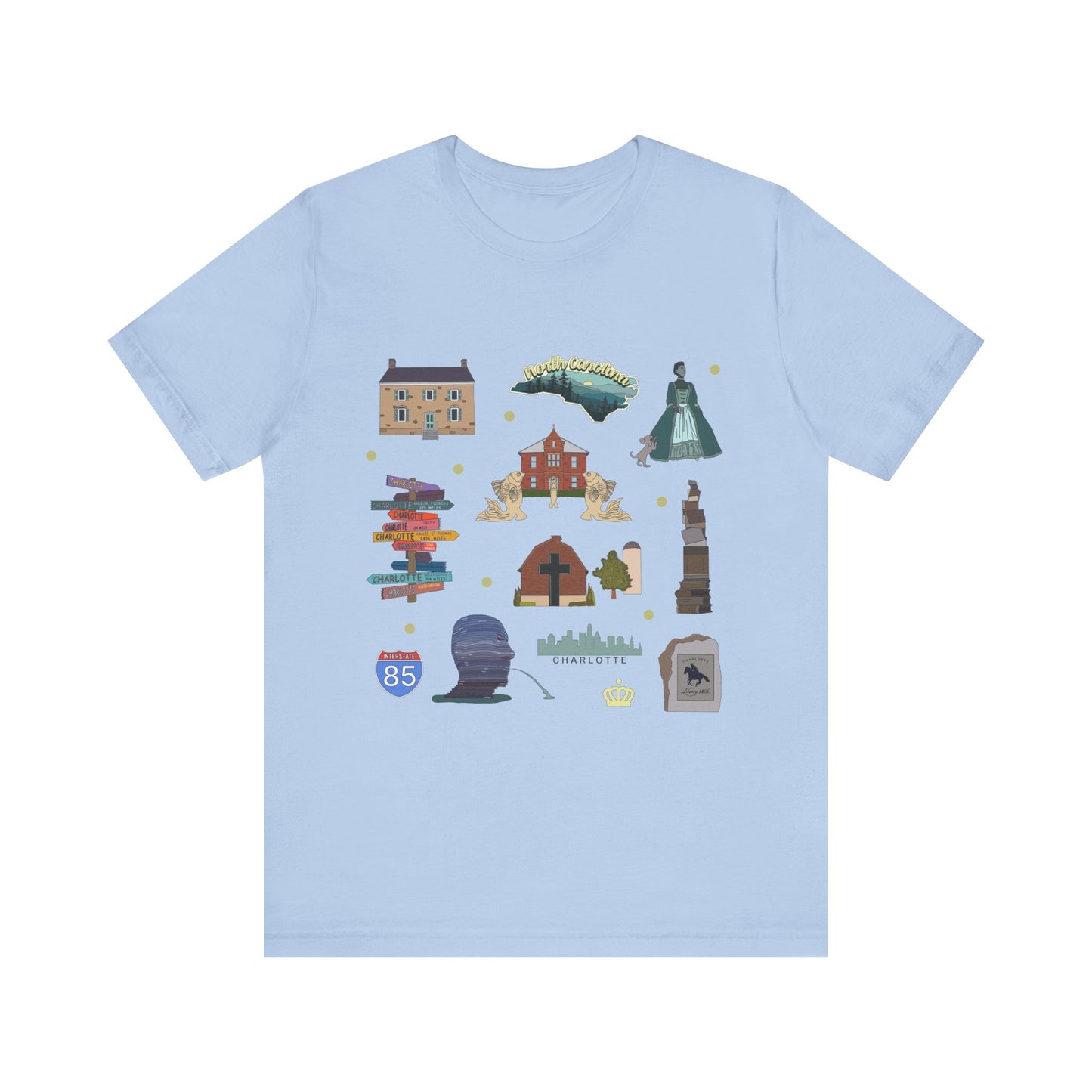 Unisex Jersey Short Sleeve Tee with Charlotte, North Carolina NC landmarks print