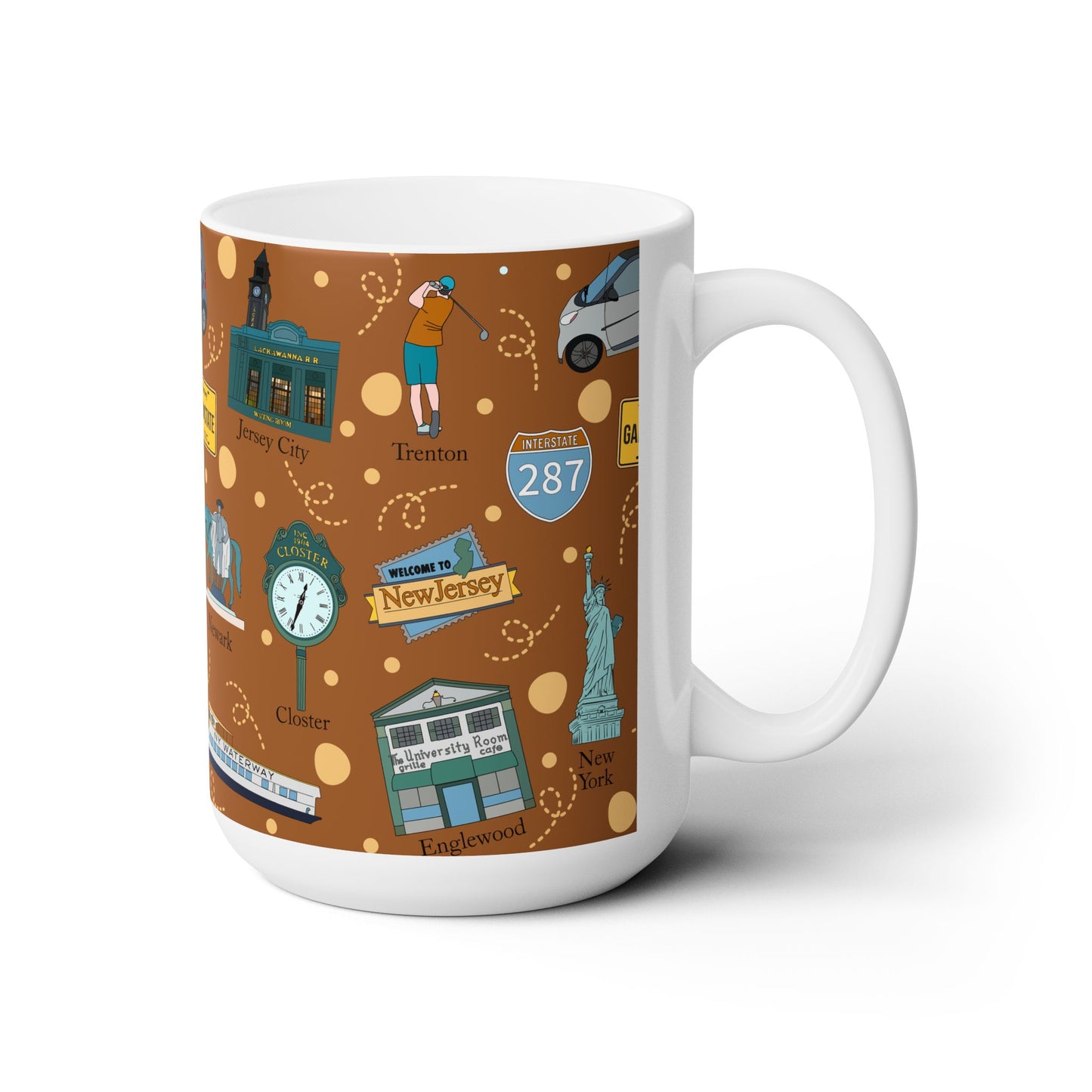 Ceramic Mug 15oz with New Jersey cities, NJ Trenton, Closter, Englewood, Newark, Hoboken in brown