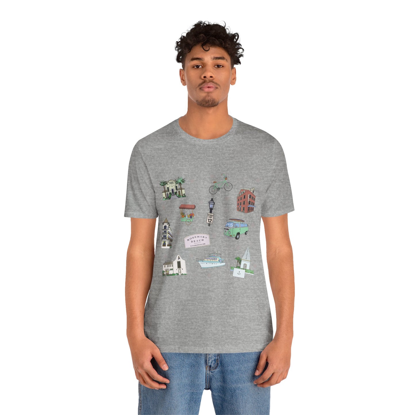 Unisex Jersey Short Sleeve Tee with Rosemary & Alys Beaches of 30A Florida FL landmarks print