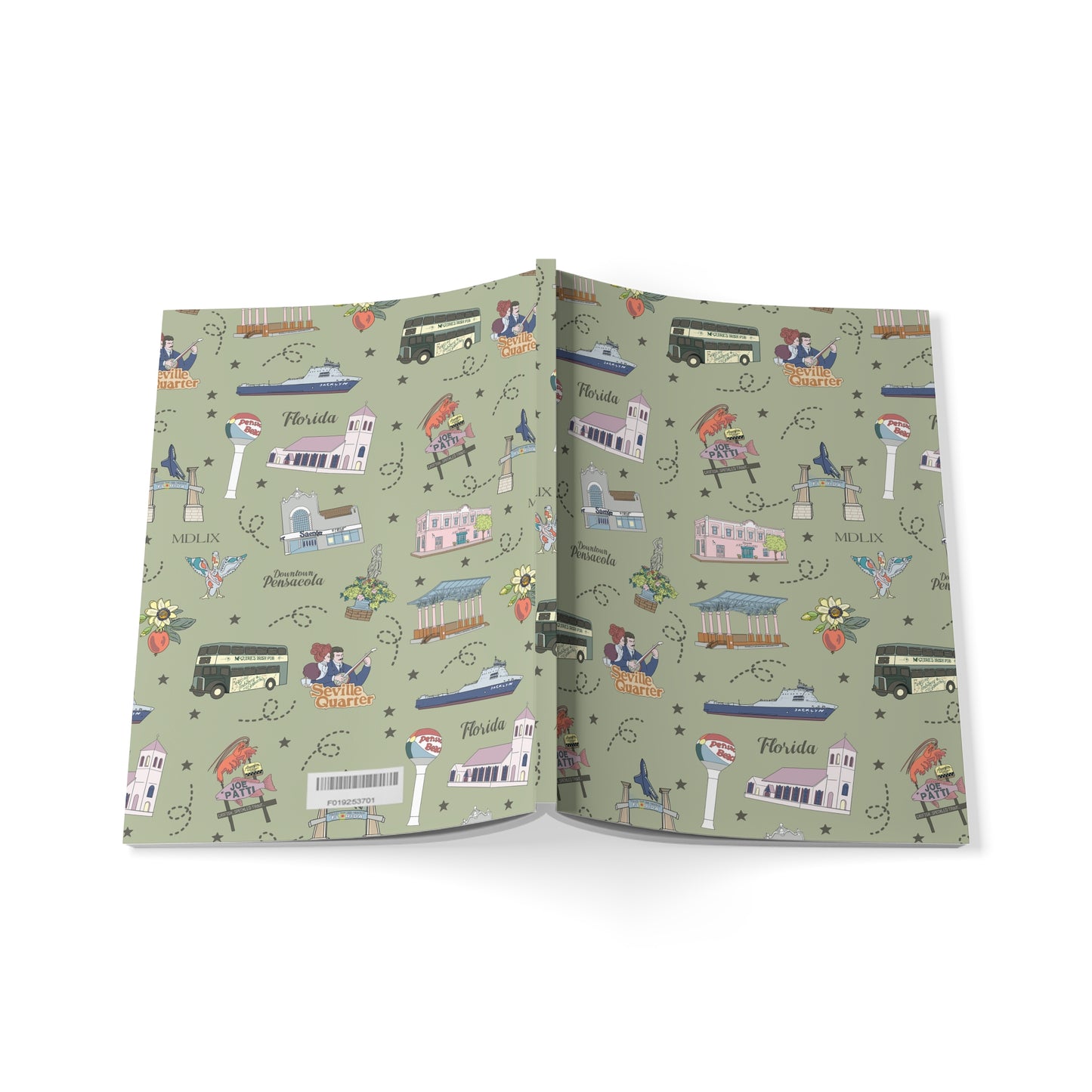Paperback notebook with Pensacola, FL landmarks in olive 150 lined pages