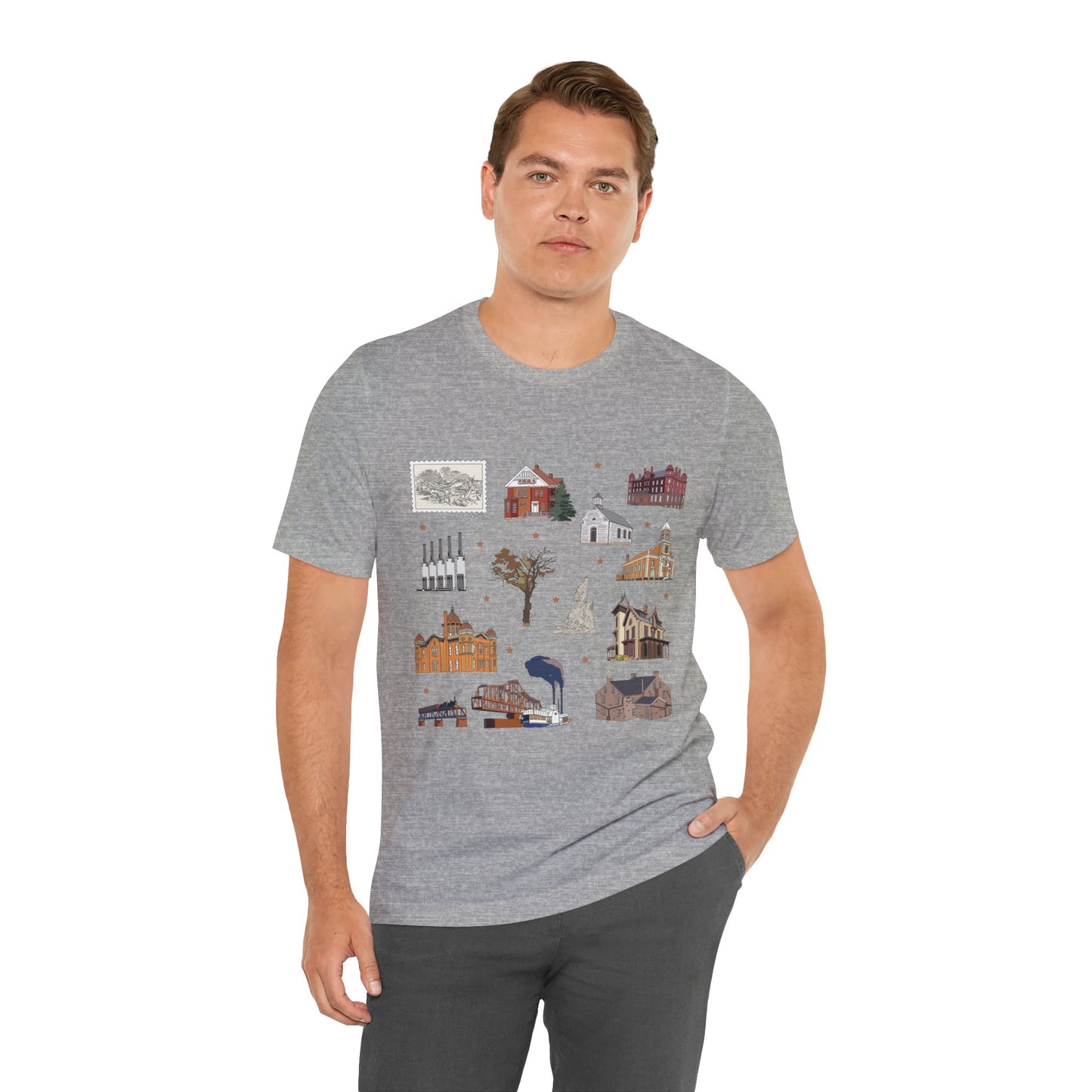 Unisex Jersey Short Sleeve Tee with South St. Paul, Mendota, Hastings, Hampton, Inver Grove Heights near the Minneapolis Minnesota MN landmarks print